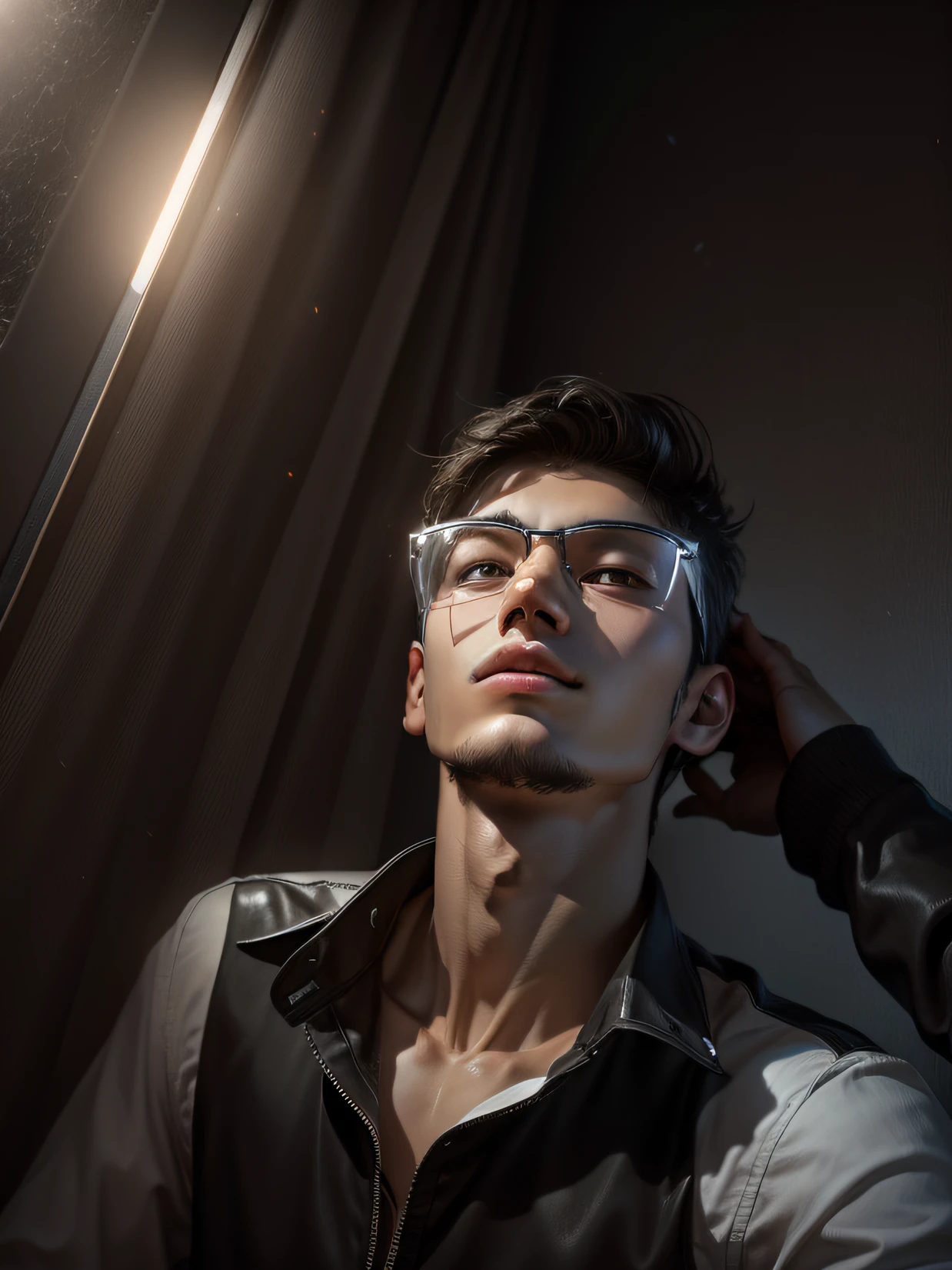 realistic, skinny body, 16 year boy ,keep face same, glass style same, make background dark black, dim light --auto