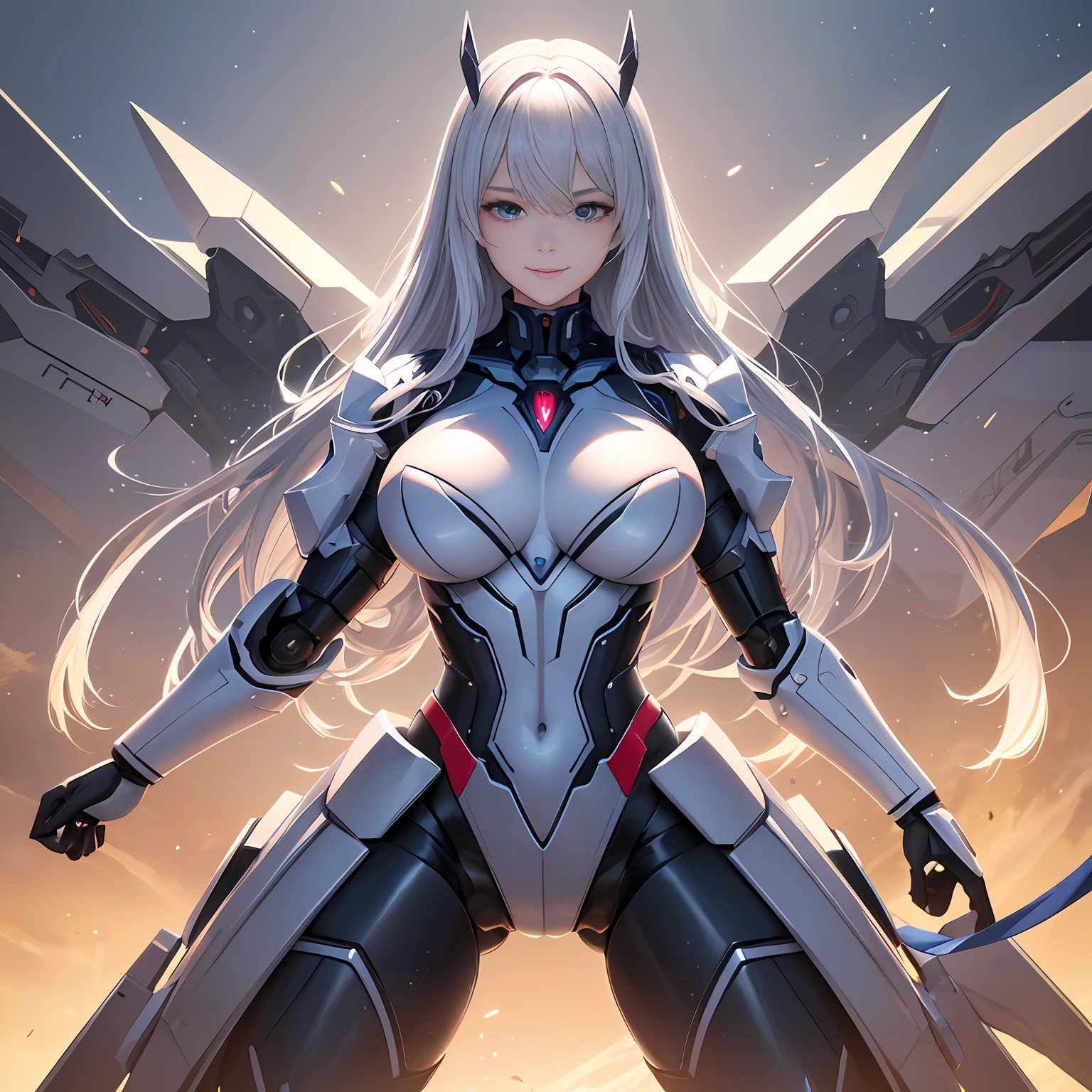 realistic illumination,best qualtiy、tmasterpiece、超高分辨率,verism style,cold light,Realistic lighting,RAW photogr,fully body photo,A world full of technology and magic,the night,1girll,Magic Tech Mech,facing at the camera,Long white hair smiling,delicated face,The body is curvy,Perfect anatomical physique,Clear focus:1.2,Bigchest,detail-rich,standing on your feet,Mecha tights,Magic mech,high high quality,Hands are naturally open,Beautiful posture,Big robot behind it,magia,afloat,Top-down view
