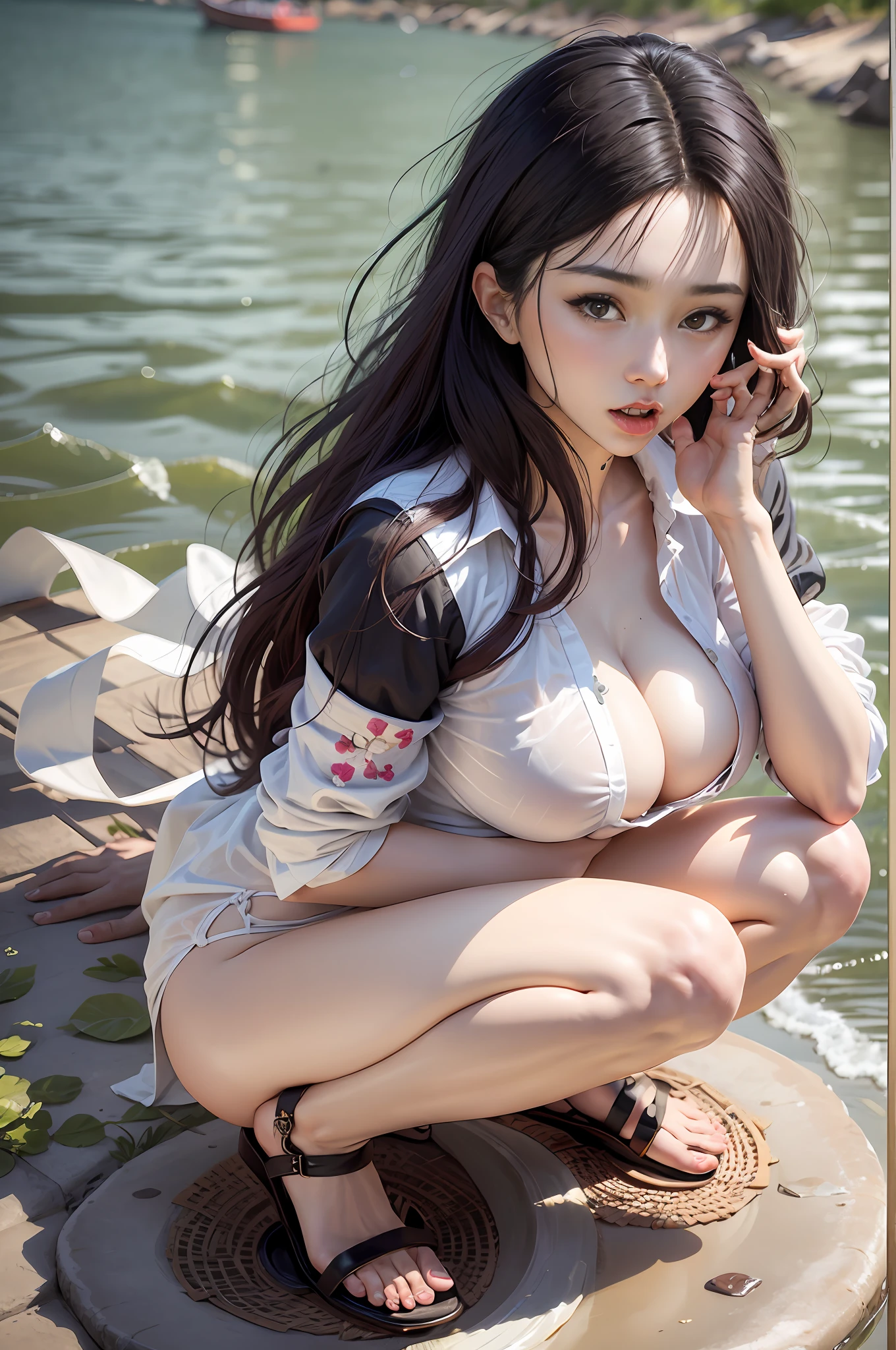 jeizuo, awesome, viewer, reality, full body in camera, on knees, squat, brunette hair, long hair, thorough, tall, forced real water, white less cloth transparent mini shirt, white transparent thong, seaside, rawe very detailed, ahegao, roll your eyes, blush, sticky tongue, vaginal run-down, runny vaginal discharge, blowing tide, very large breasts, grab your breasts with both hands, spread your legs, sexual arousal, sexual expression, shiny skin.