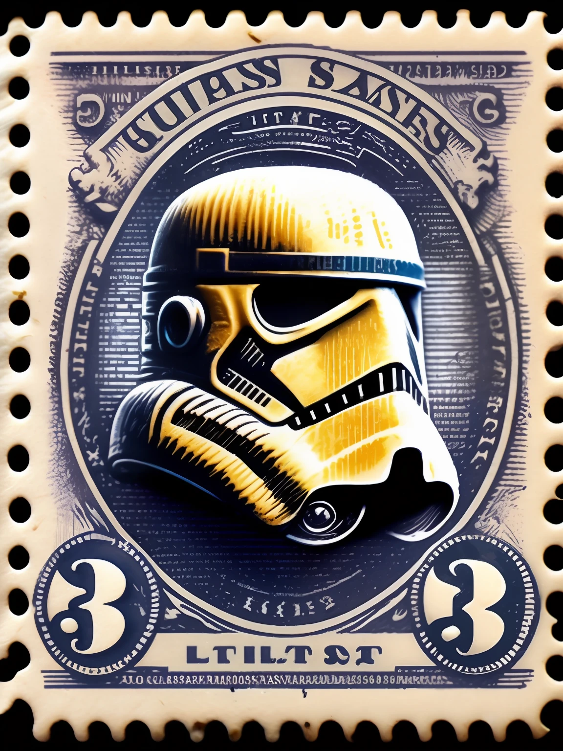 vintage United States Postage Stamp, 3 cent stamp, Stormtrooper full body, purple ink, line engraving, intaglio
