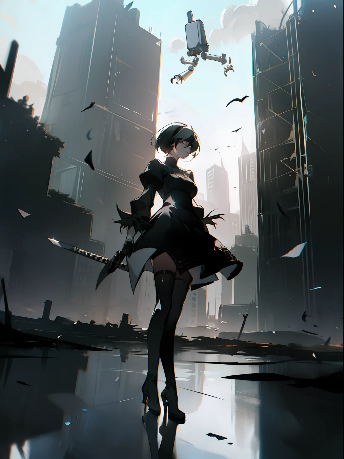 masterpiece, best quality, detailed face, extremely detailed, yorha no. 2 type b, 1girl, solo, absurdres, 8k, black blindfold, black dress, black hairband, blindfold, eye highlights blue sky, boots, building, city, cloud, covered eyes, debris, dress, feather-trimmed sleeves, feather trim, from below, gloves, grass, hairband, high heel boots, high heels, highres, juliet sleeves, katana, leather, leather boots, long sleeves, nier \(series\), nier automata, outdoors, overgrown, pod \(nier automata\), post-apocalypse, puddle, puffy sleeves, rubble, ruins, scenery, sky, thigh boots, thighhighs, thighhighs under boots, water