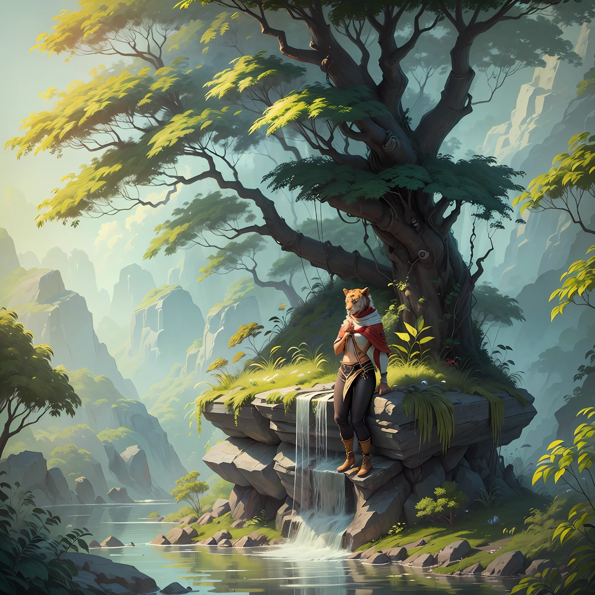 "(Create a realistic 4k digital illustration of a tiger-like humanoid female character in a jungle setting). (The character must have a tiger's head and tail), (wearing a white cloth around his chest and black pants with red designs). The character must be standing on a rock in a body of water, with arms stretched above head. The background should consist of trees with green leaves and a blue sky. The general mood of the image should be peaceful and serene."