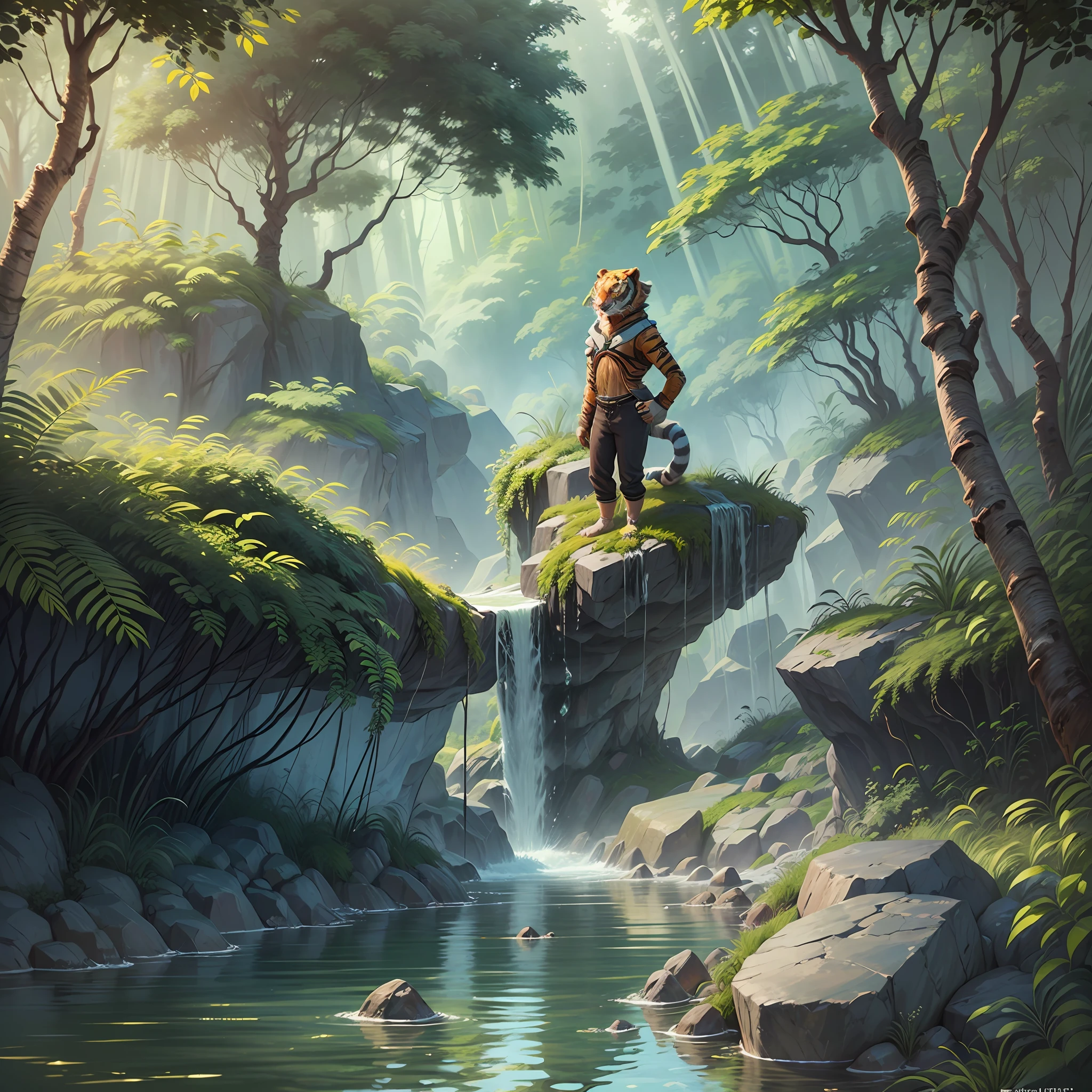 "(Create a realistic 4k digital illustration of a tiger-like humanoid female character in a jungle setting). (The character must have a tiger's head and tail), (wearing a white cloth around his chest and black pants with red designs). The character must be standing on a rock in a body of water, with arms stretched above head. The background should consist of trees with green leaves and a blue sky. The general mood of the image should be peaceful and serene."