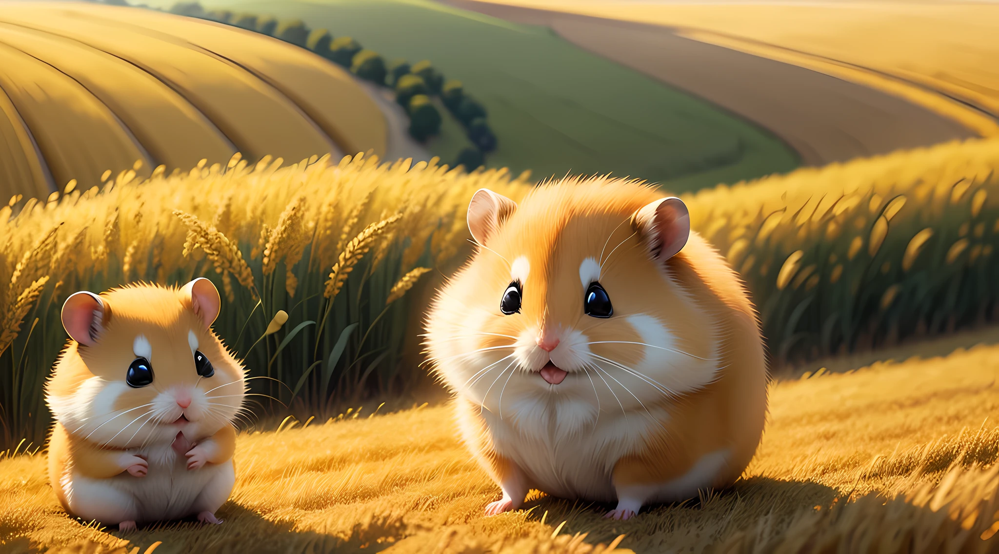 hamster,happy with life,Golden wheat fields,Work together,in style of hayao miyazaki
