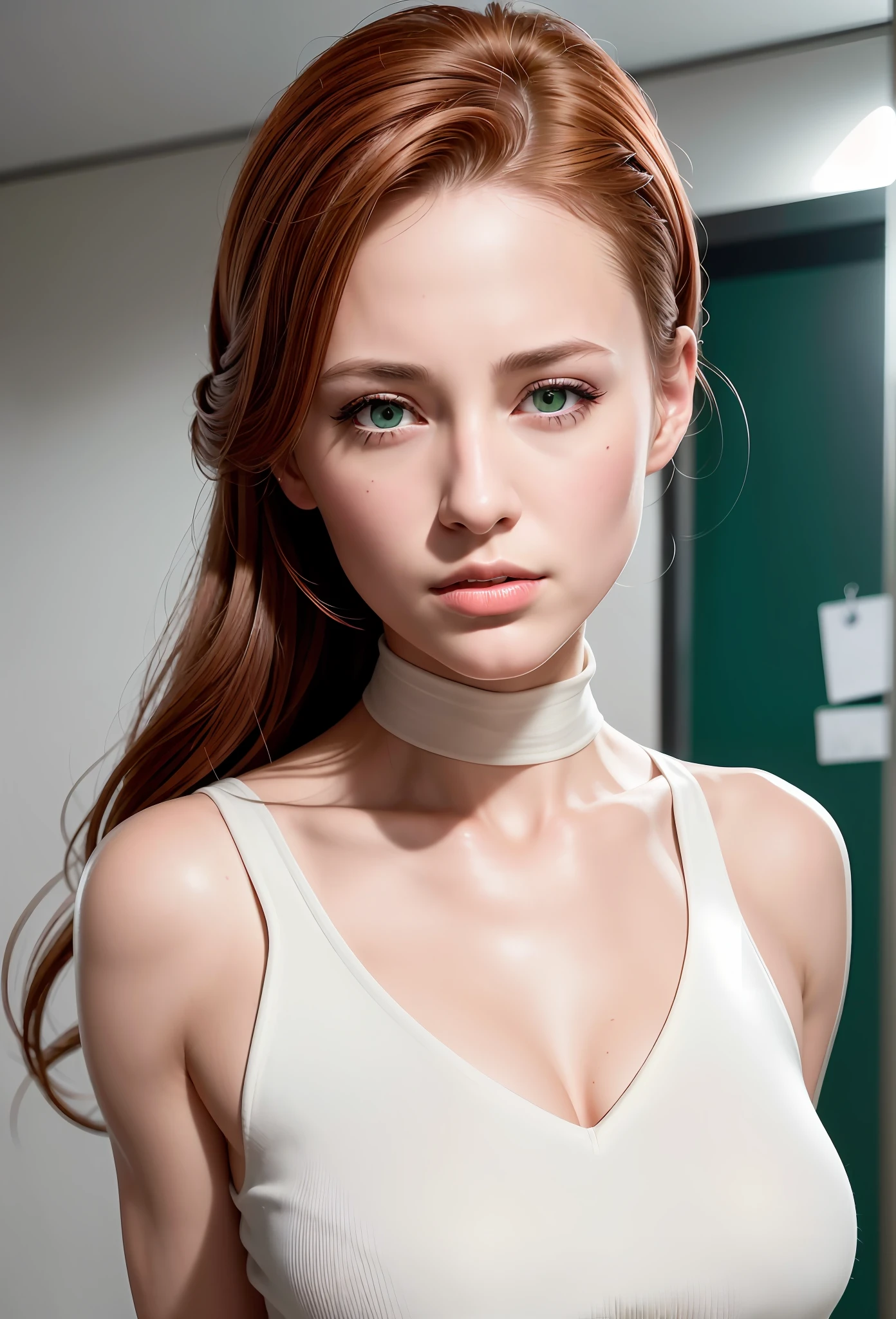 Russian, model, fit face, (best quality, ultra high res, raw photo, masterpiece, extremely detailed photograph), (photorealistic:1.4), 1girl  solo focus, looking at viewer, pov, closeup,  (sharp chin:1.5), (ponytail), auburn hair, green eyes, from above, young woman, (no dress:1.5), (office room background, indoor),