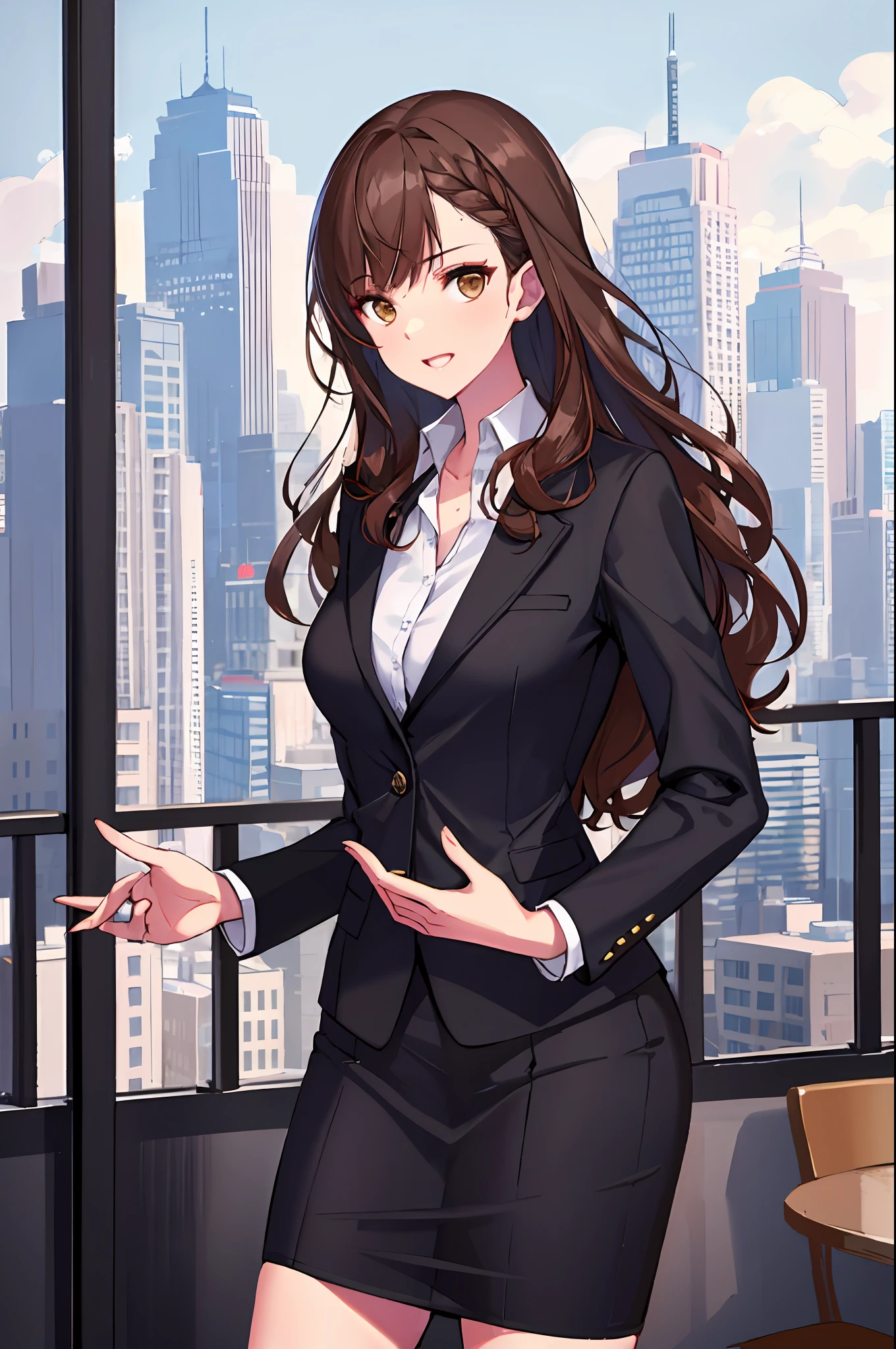 CharlotteCarmen, long hair, brown hair, curly hair, hazel eyes, woman, Entrepreneur, skirt suit, skyscraper, urban landscape, Annie Leibovitz, business portrait, confident, powerful, determined, ambitious, successful, influential, charismatic, captivating, stunning, beautiful, multiple women