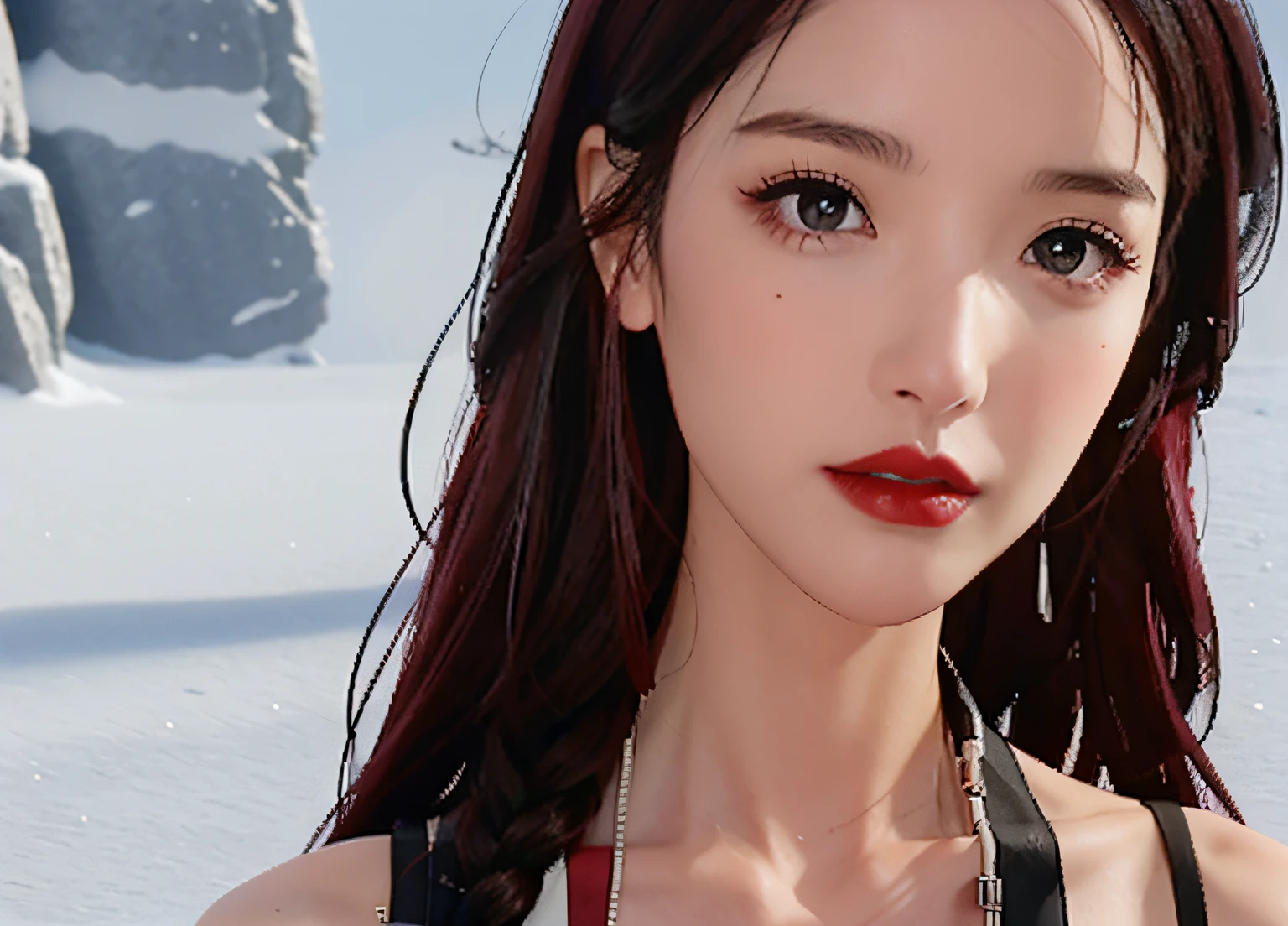 There was a woman with long black hair wearing a black blouse, Red lipstick, small and thick red lips, Red lips, Clear lips and high quality, faint red lips,thick and red lips,Hyperrealism, stereogram, UHD, textured skin, best quality, ccurate, high details