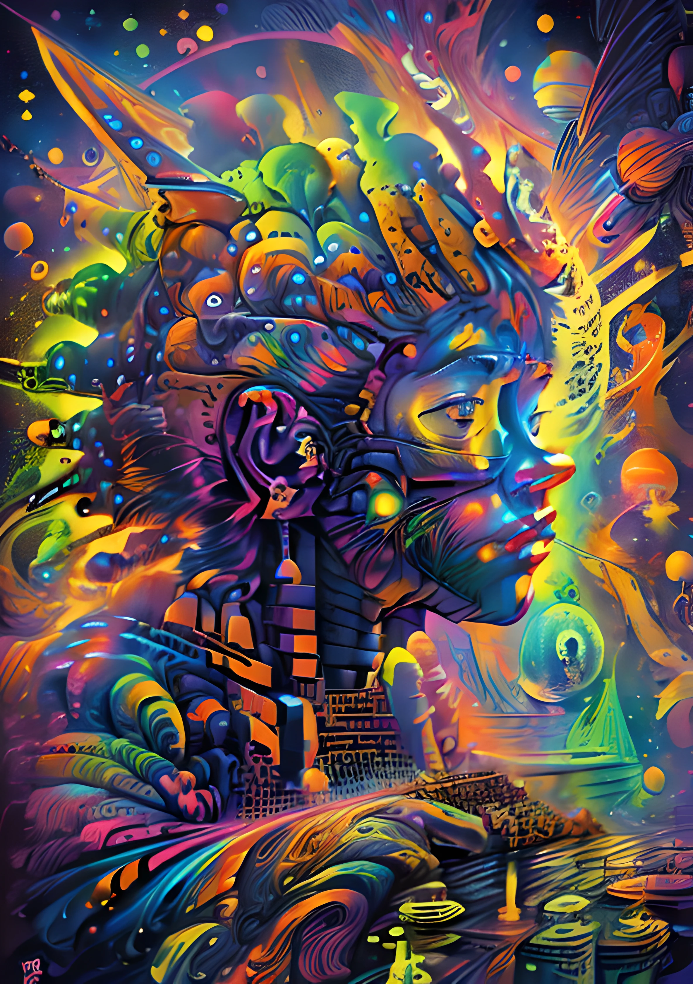 (High resolution, incredibly detailed, masterpiece), portrait of a mayan priest playing a huge synthesiser in the clouds, featuring fractal geometry in (vibrant colors:0.8), set against a (galactic background:1.2), bringing together complex, mesmerizing shapes and patterns,dmt ,fractal art,stars and galaxies
