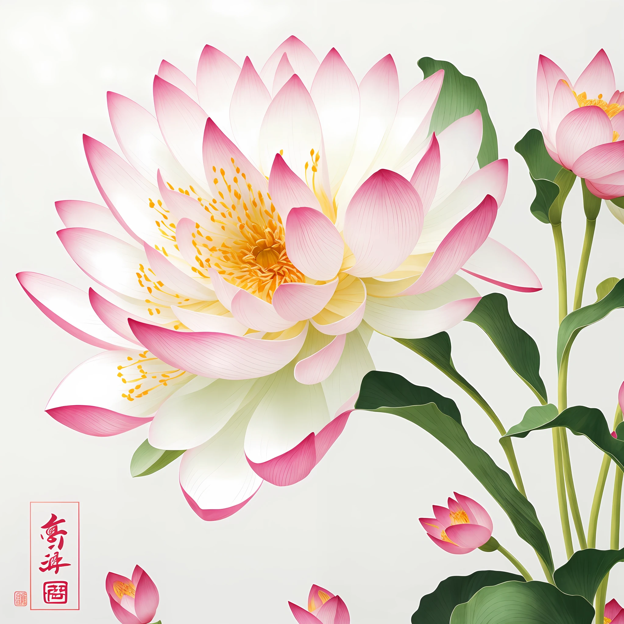 Chinese painting style，There is a pink flower，lotuses， Chinese painting style, finely detailed illustration, full-colour illustration, , pink flower,depicting a flower, super detailed color art, ultra clear details，Green lotus seeds