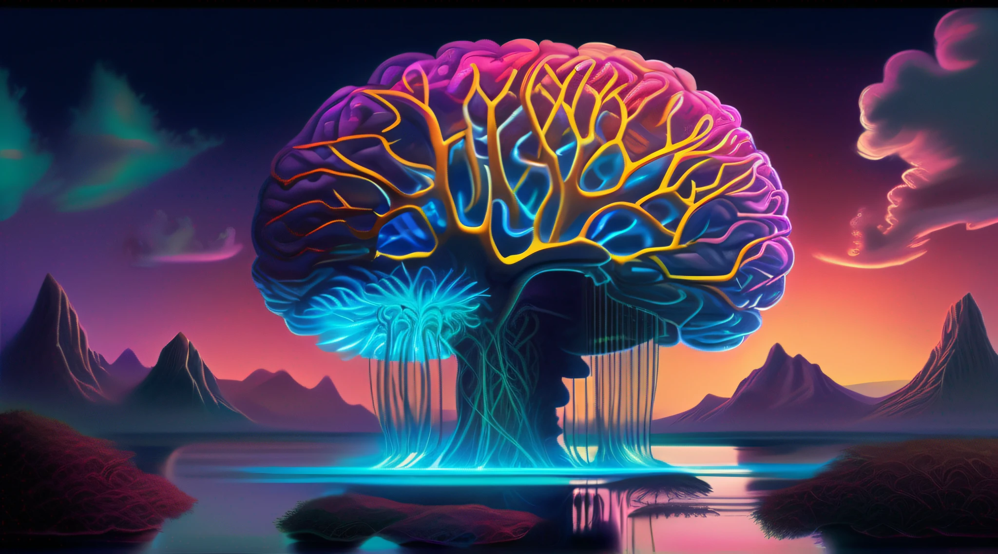 envision a surreal landscape where the human brain takes center stage as a majestic, floating island in a vast, ethereal cosmos. The brain, resembling a magnificent fusion of natural elements and intricate machinery, portrays the complexity and mystery of human cognition. Radiating a mesmerizing array of neon hues, synapses and neural pathways intertwine like luminous bridges connecting different regions of the brain-island. Within this surreal setting, symbols of emotions, memories, and thoughts manifest as vivid, otherworldly creatures inhabiting the brain's terrain, personifying the depths of the human psyche. The surrealistic skies above the brain are adorned with constellations, each representing a different facet of human psychology, forming a cosmic narrative that invites viewers to explore the enigmatic depths of their own minds.