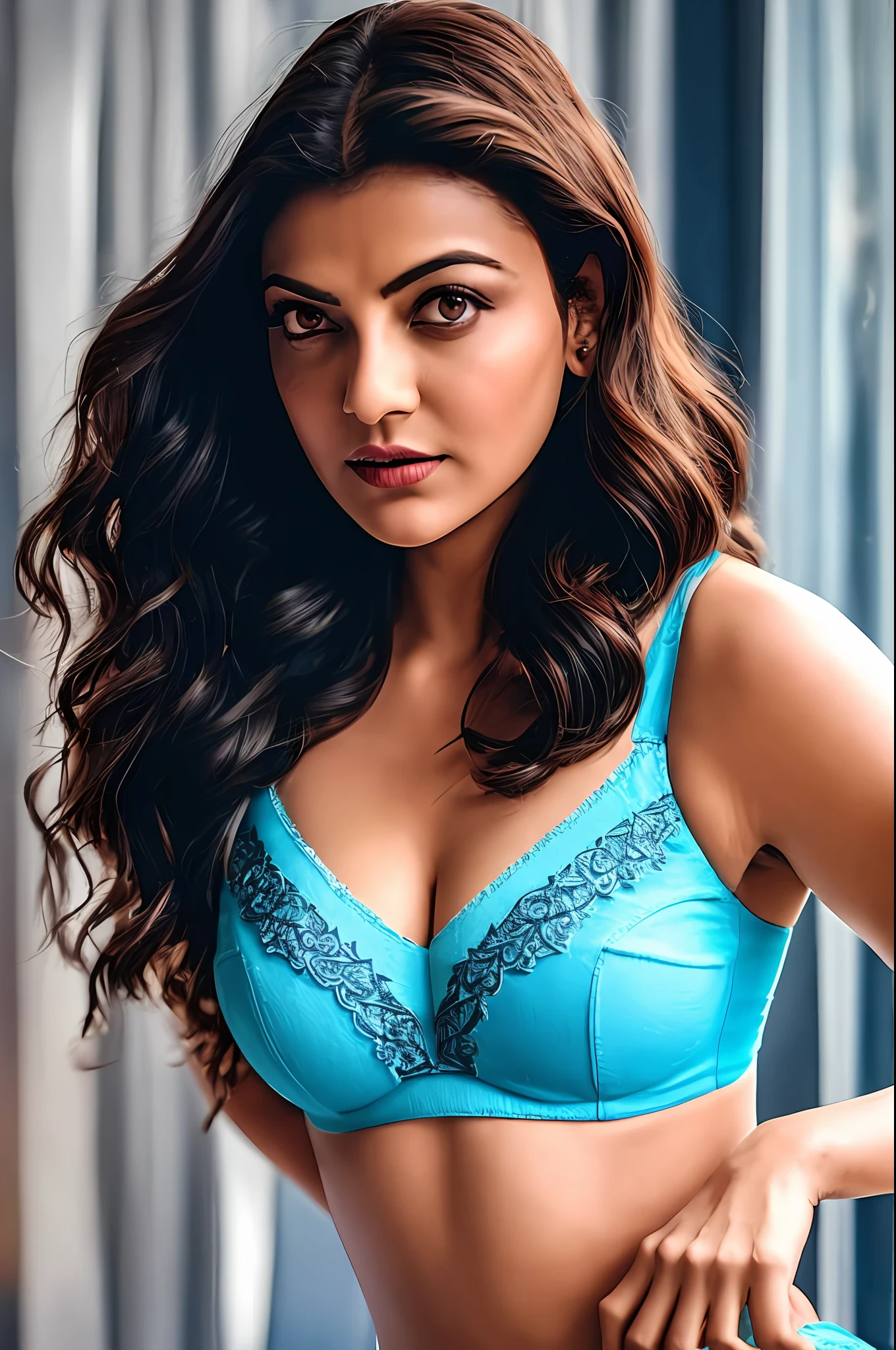 a women kajal   ,blue colour bra, cupcake in her hands, school, indoors, (soothing tones:1.25), (hdr:1.25), (artstation:1.2), dramatic, (intricate details:1.14), (hyperrealistic 3d render:1.16), (filmic:0.55), (rutkowski:1.1), (faded:1.3)