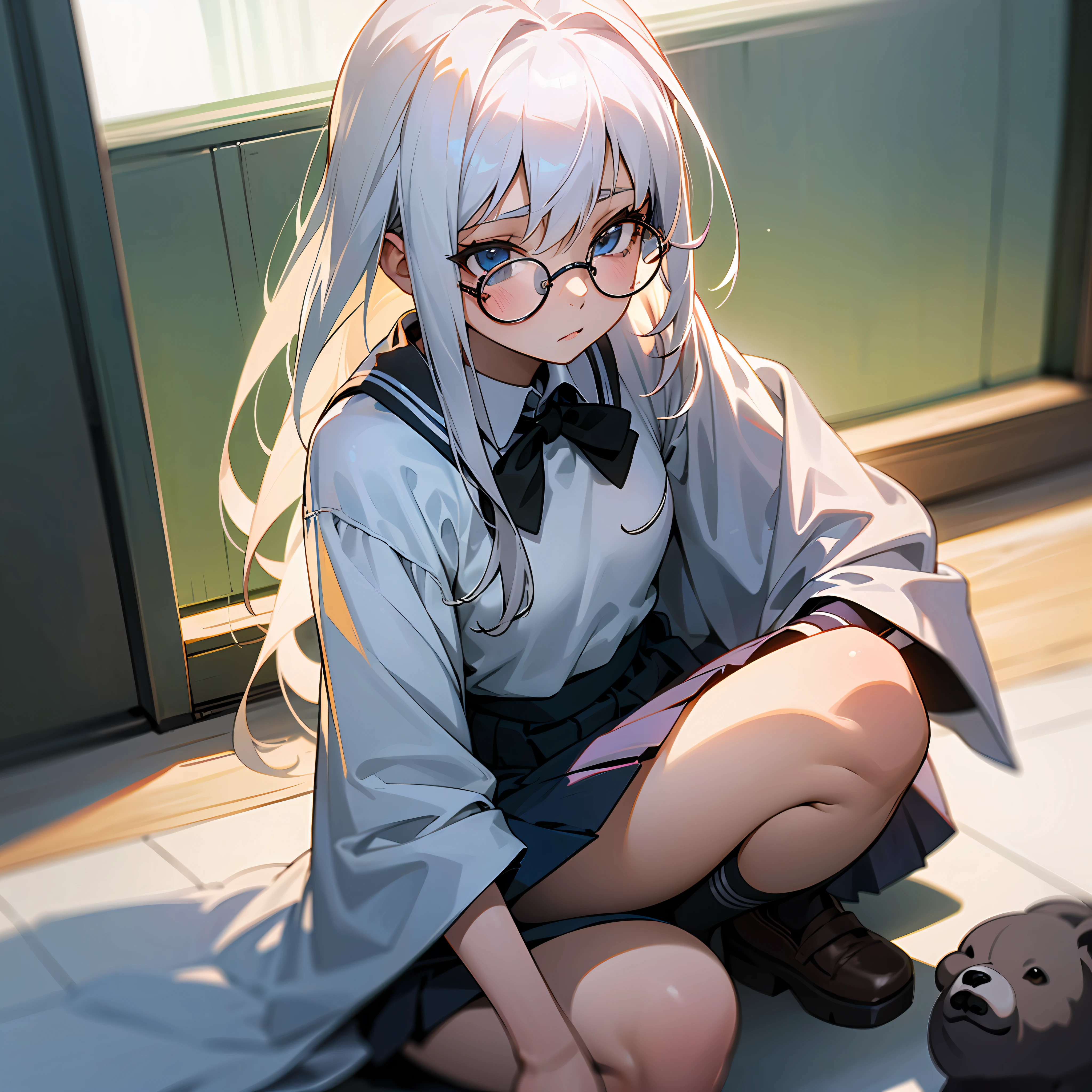 Anime girl sitting on the ground,Mobile phone in hand, Surrealism female students, White-haired woman, Fine details. Girl front, Surrealism female students, Realistic schoolgirl, light novel cover art, Beautiful Anime High School Girls, white haired Cangcang, the anime girl is crouching,Shy,Small chest 1.9,Wearing a white sports bra with a bear cub,With round-rimmed glasses,The skirt lifted --auto
