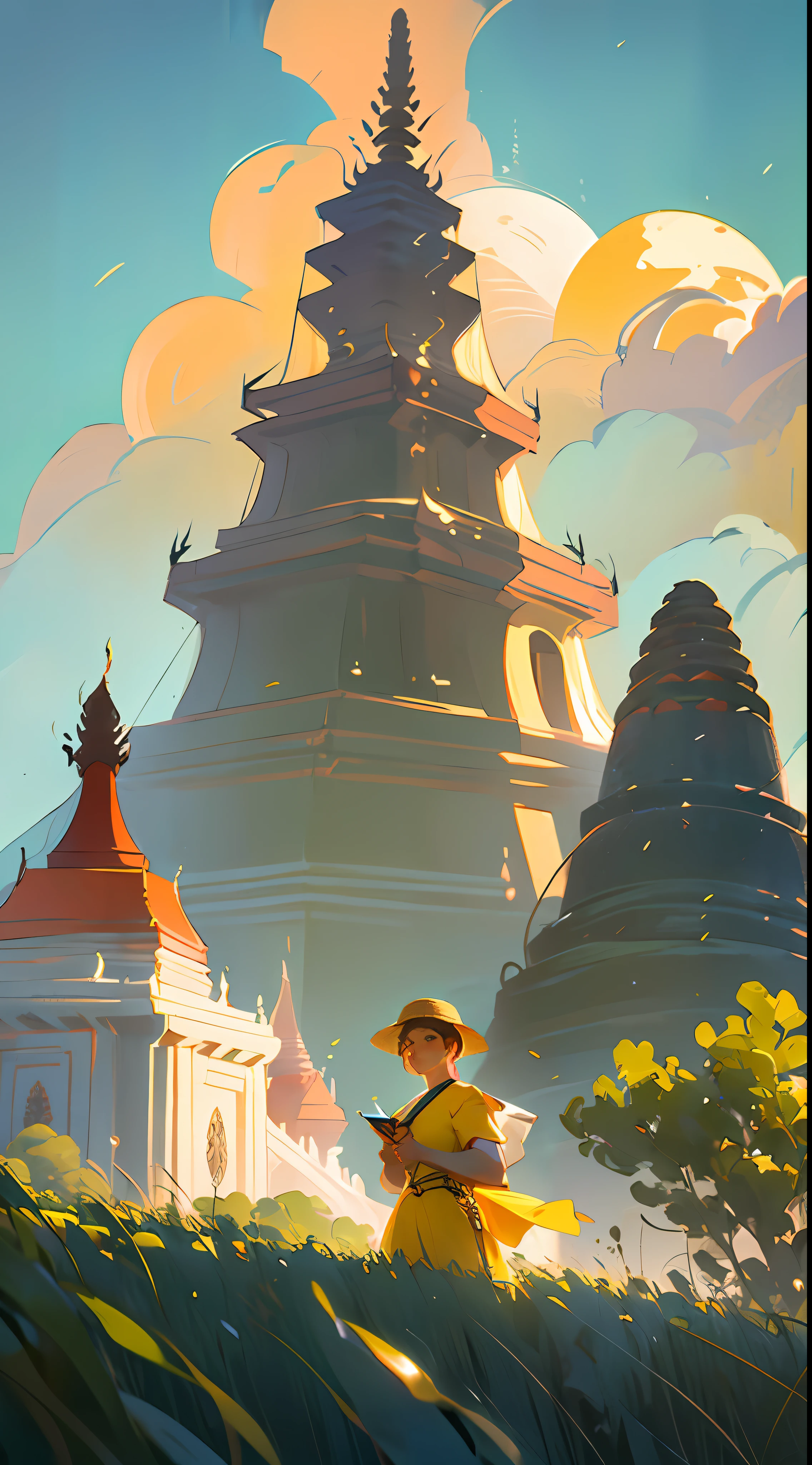 A peasant uncle with a straw hat stands in a wheat field, big clouds, blue sky, rice field, neat rice seedlings in the field, forest, hillside, secluded, countryside, (((Bagan, Myanmar, pagodas, pagodas)))HD detail, hyperdetail, cinematic, surrealism, soft light, deep field focus bokeh, ray tracing and surrealism. --v6
