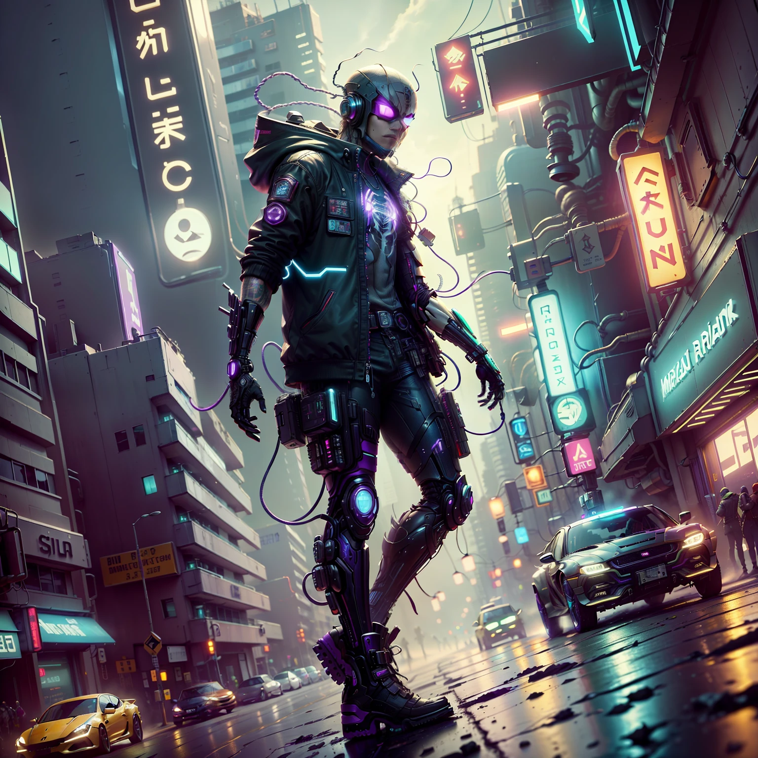 (8k, 8d, foto RAW, melhor qualidade, obra-prima: 1.2),Full body photo angle a beautiful cyberpunk city purple, a cyberpunk Spider man with a cyberpunk coat,neon light --auto --s2