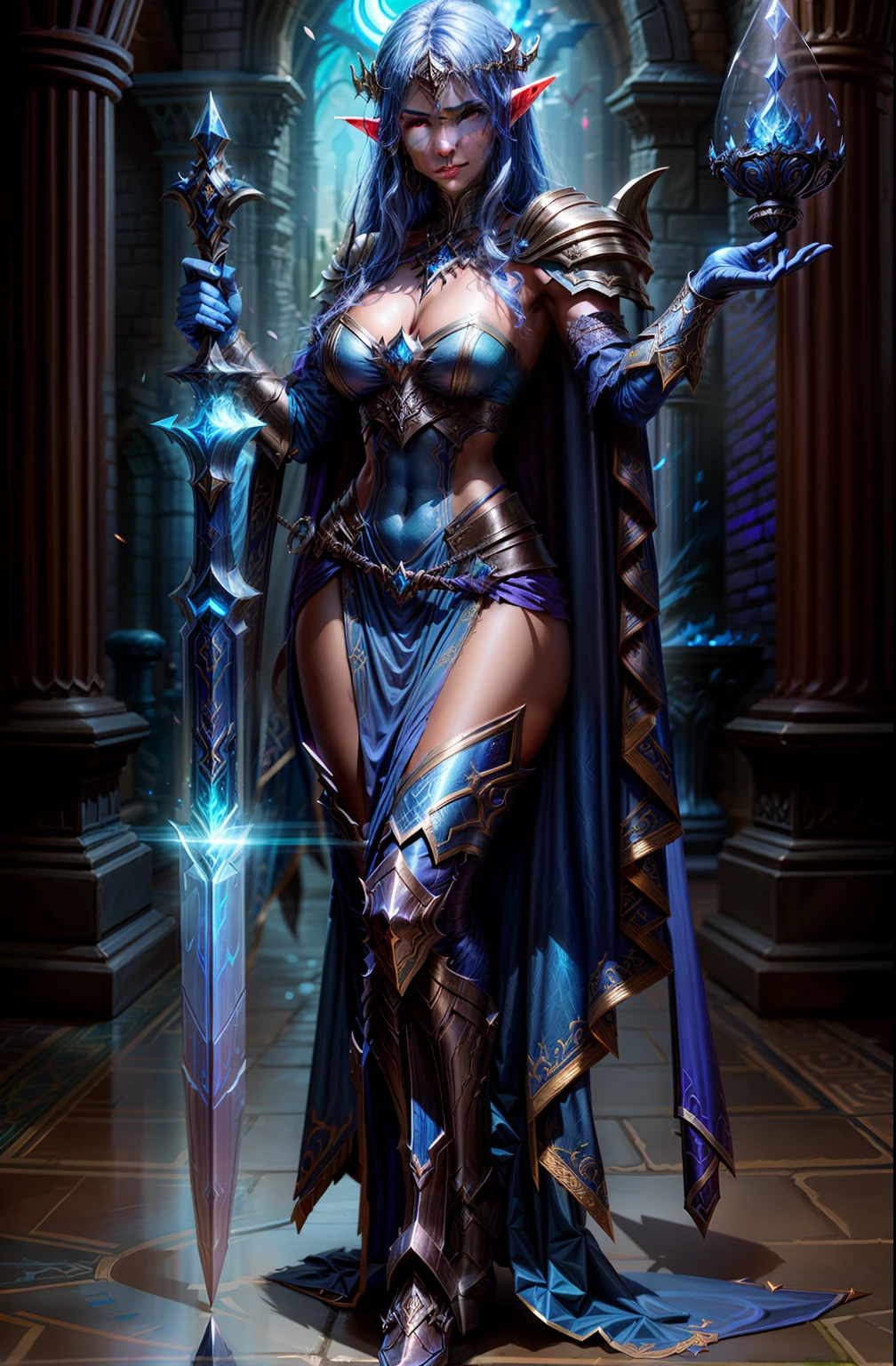 woman with a sword and a cape, four arms, blue skin, delicate face, beautiful face, epic exquisite character art, human :: sorceress, dark elf princess, dark sorceress full view, trendin on artstation, beautiful full body concept art, artstation concept, blue-skinned elf, heroic fantasy character concept, complex fantasy character, dark elf maiden