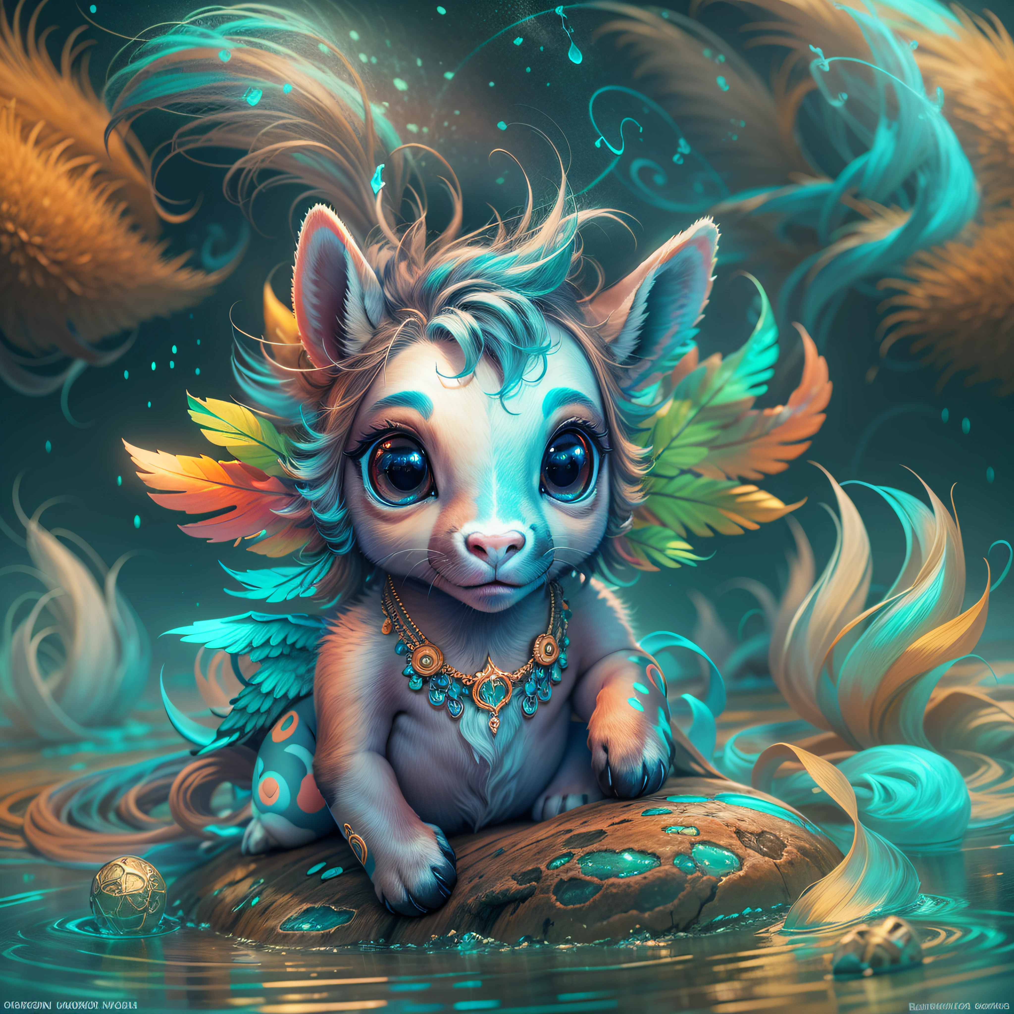 caricature, adorable cute digital 3d sleepy baby pegasus wearing teeshirt in lagoon, Aboriginal Australian, realistic art, bold colors, fantasy, rainbowcore, bioluminescence, electroluminescence