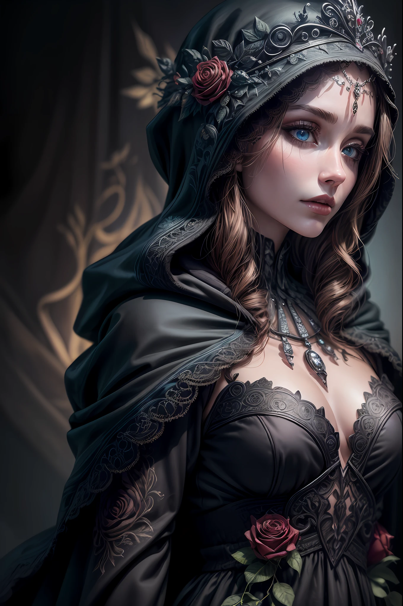 (masterpiece,best quality,realistic:1.37), (intricate and delicate, high detailed skin and face), beautiful queen in black dress suite, wraping in luxurious dark hooded robes, dark roses and skull adorn her cloth, (tiara,roses,skull ornamental,black,dark),blue eyes, dark background, cinematic soft lighting