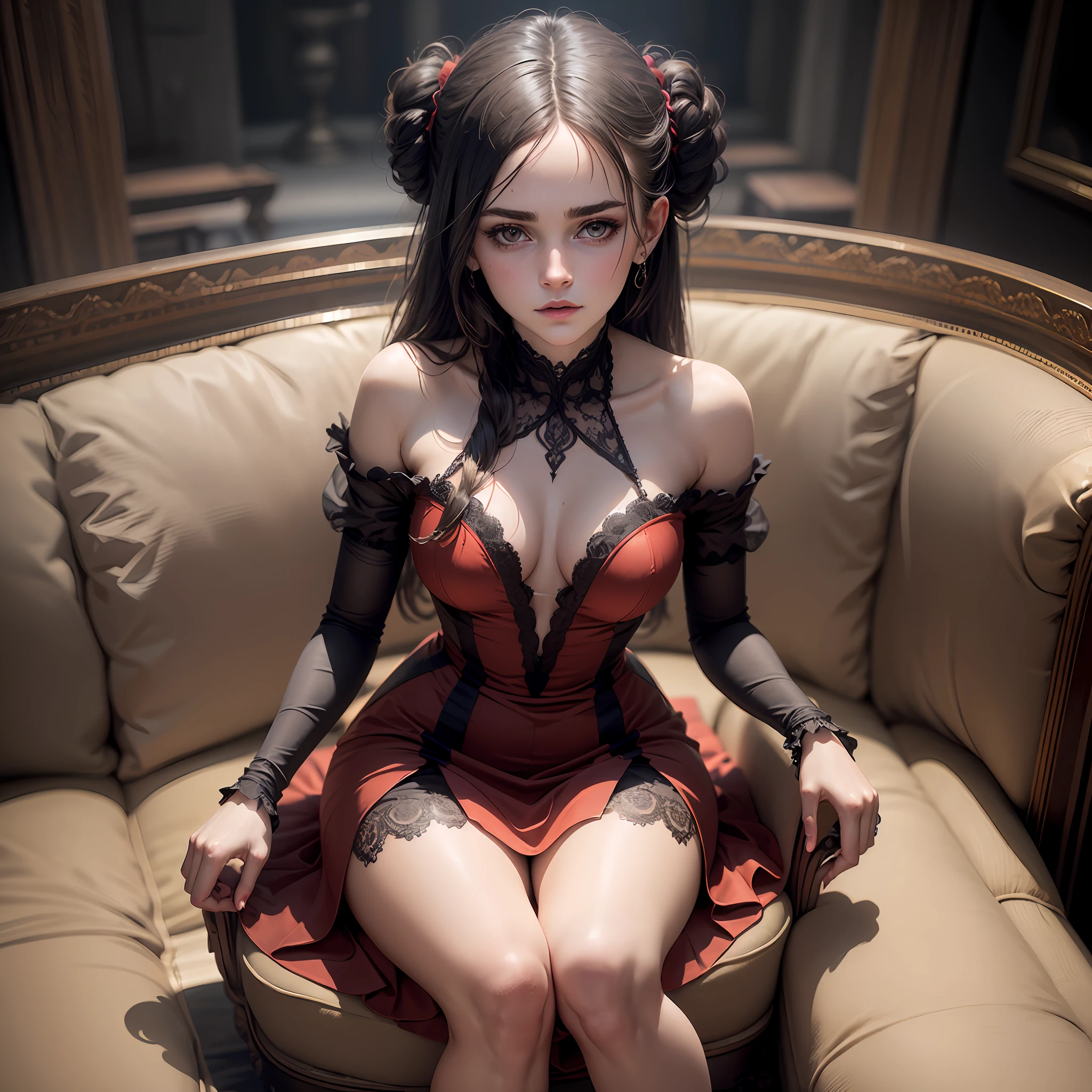 from above. a hauntingly beautiful emma watson as vampire girl is sitting on a fancy sofa. Her vibrant and youthful features create a striking juxtaposition of ethereal beauty and sexiness. The red short dress fits tightly unto her body.
She is inside the ostentatious room of a castle. ostentatious rooms stand as reminders of the riches of the owners, eerie atmosphere surrounds her. Glowing eyes, an eerie luminescence of her skin piercing the darkness, accentuate her supernatural presence. The pale light reflected on her skin casts an otherworldly glow, evoking a sense of melancholy and otherworldly allure.