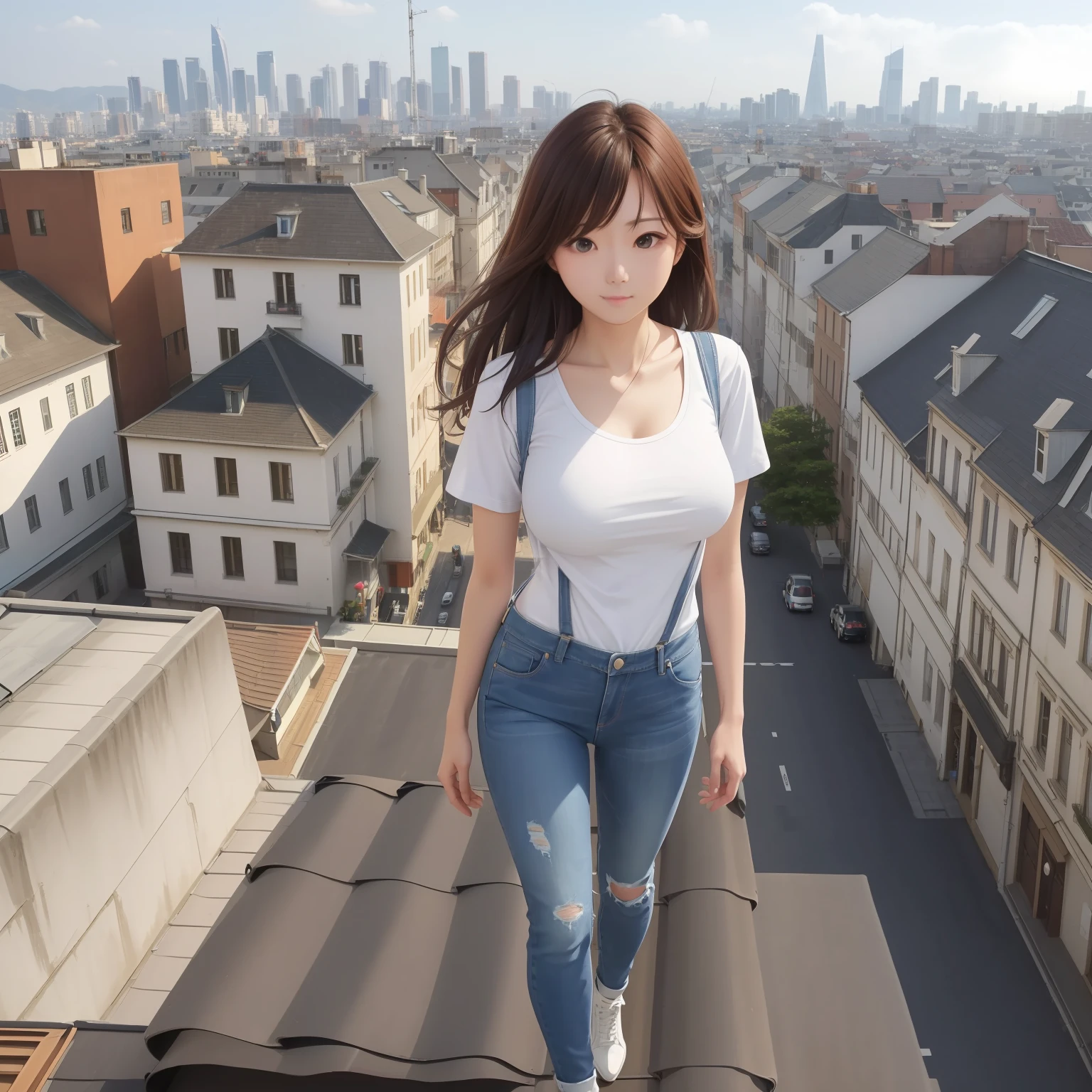 full bodyesbian, Long legs, Focalors:1.2, perfect figure beautiful woman:1.4, Slim abs:1.1, ((brunette color hair, huge tit:1.6 )), (white tight t-shirt, Denim suspenders, standing on your feet:1.2), ((Morning view of the city, the roof:1.3)), Highly detailed facial and skin texture, A detailed eye, 二重まぶた,8K quality --auto