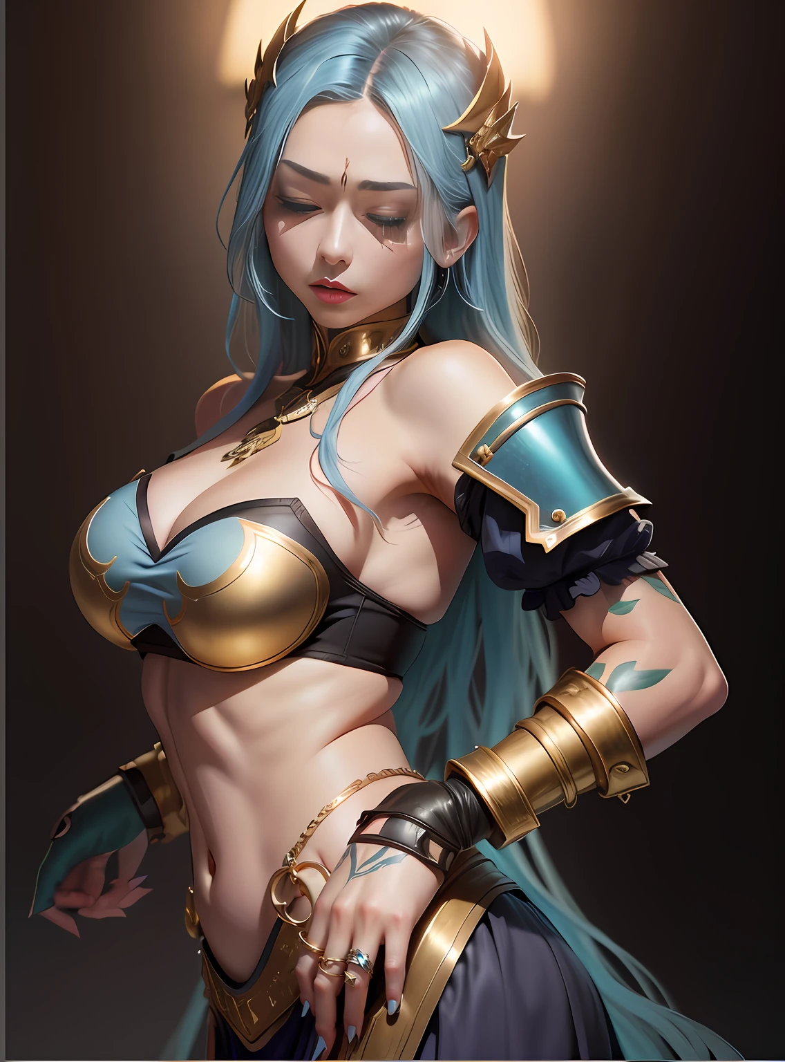 Uma guerreira de cabelo azul e olhos azuis. She's eyes closed and looking down extremely sexily. She wears a very short blouse made of metal and gold, como uma armadura, que cobre apenas os seios decotados e os ombros. Ela usa uma mini-saia. She has bandages on her arms. She has a small dragon tattoo near her navel. She wears a bracelet and gold rings and her nails are painted. --auto