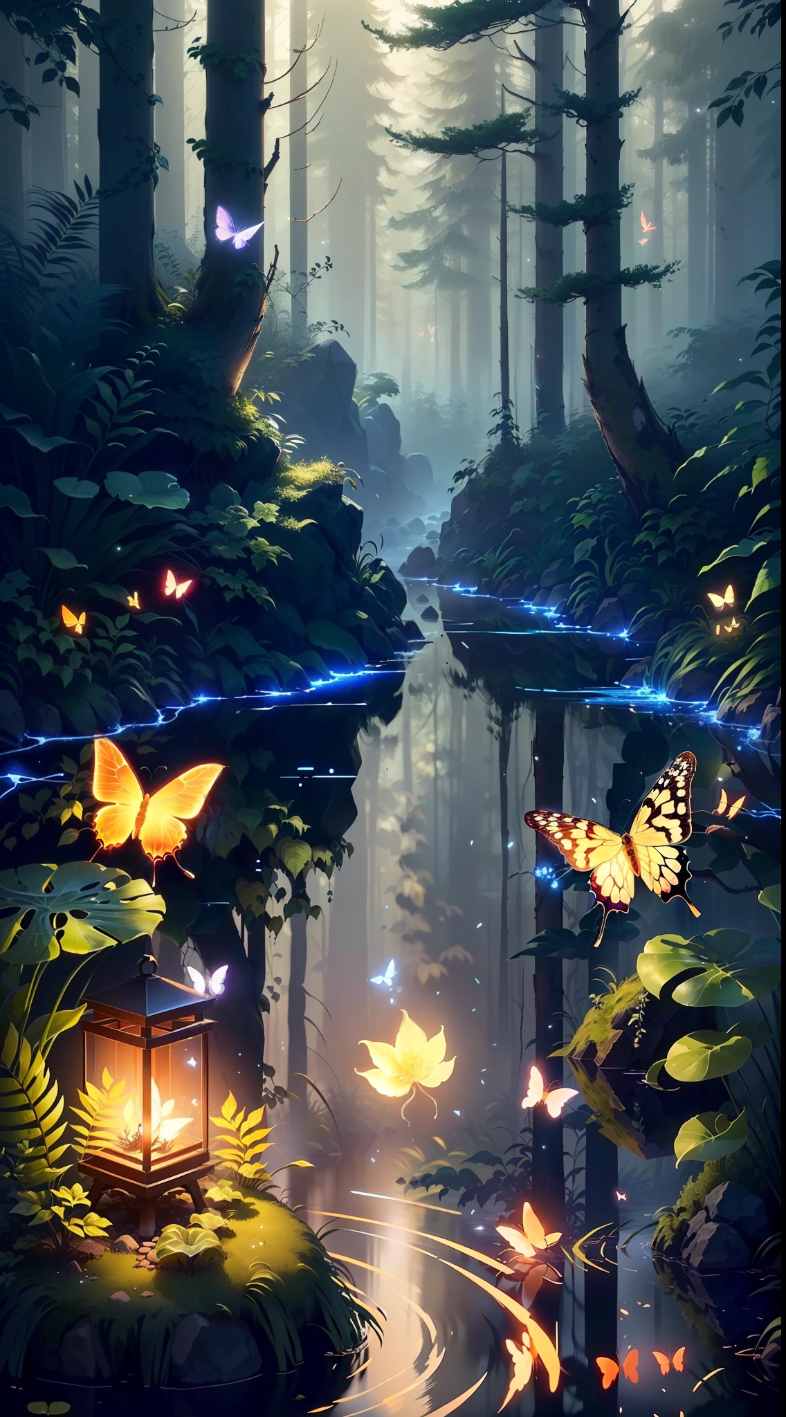 A masterpiece, the best quality, stunning reflections, the best reflections ever. (very detailed CG unity 8k wallpapers), (best quality), (best illustrations), (best shadows), forest theme with natural elements. Tall trees, quiet streams, small glowing mushrooms surrounded by delicate leaves and branches, with fireflies and glowing particle effects,, (natural elements), (jungle theme), (leaves), (twigs), (fireflies), butterflies, (delicate leaves), (glow), (particle effects). , Isometric 3D, Octane Rendering, Ray Traced, Super Detailed
