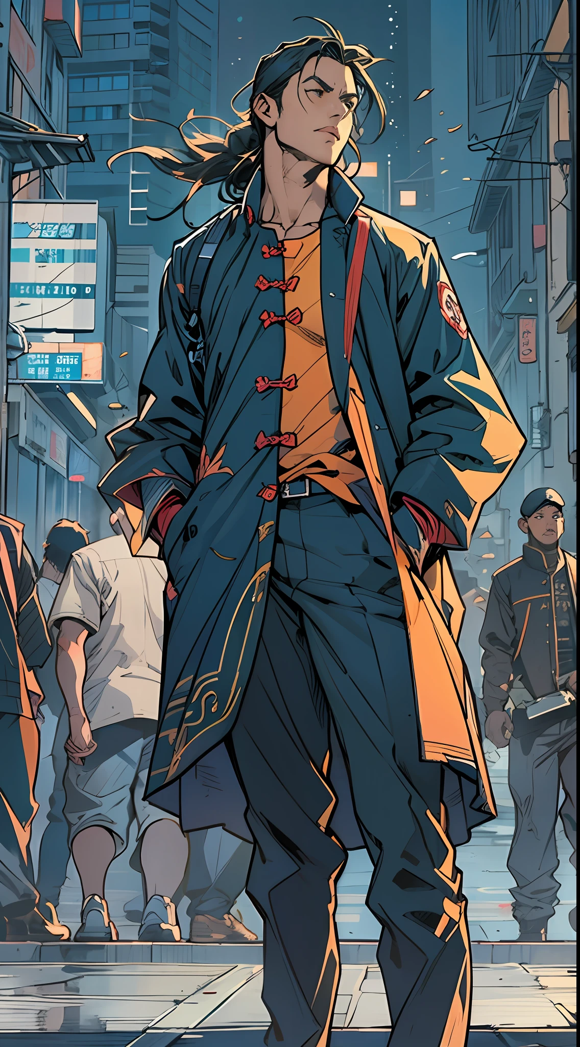 an illustration of a Agent standing at the edge of a city, in the style of anime-inspired character designs, traditional chinese, strong facial expression, photo-realistic, navy and amber, group material, marvel comics , 32k, best quality, masterpiece, super detail, high details