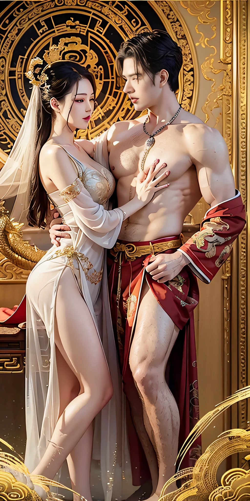 (couple cuddling) rough man Zeus muscular naked, beautiful, sexy, big breasts, cleavage, bare legs, see-through, standing, hanfu, wet, clear, realistic, highest detail, Chinese mythology, dragon pattern, phoenix, sacred, holy, golden mountains, heavenly palace, countless palaces, clouds, golden light