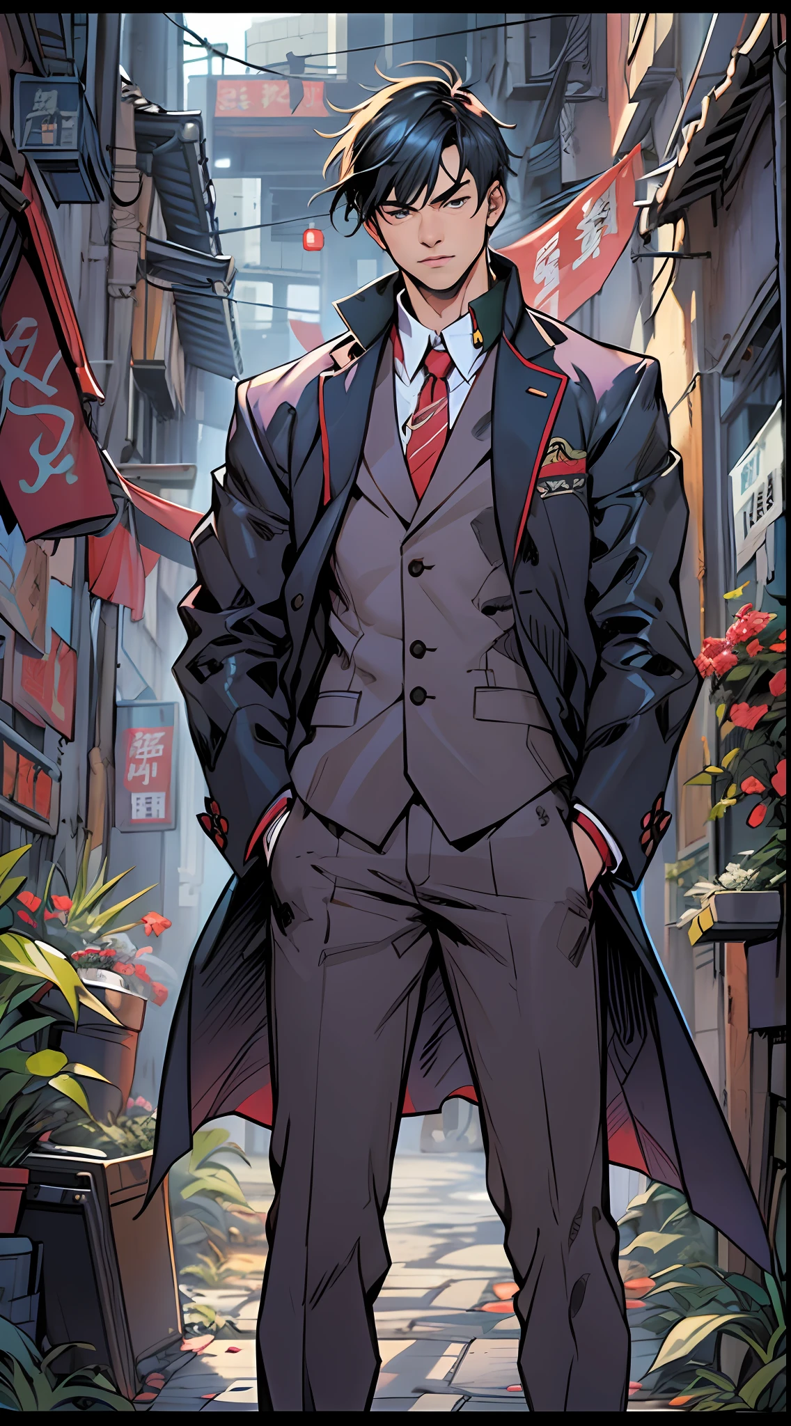 a young man in a suit, standing in an alley, in the style of bold, manga-inspired characters, traditional chinese, aestheticized violence, marvel comics, 2d game art, strong emotional impact, neo-academism , 32k, best quality, masterpiece, super detail, high details