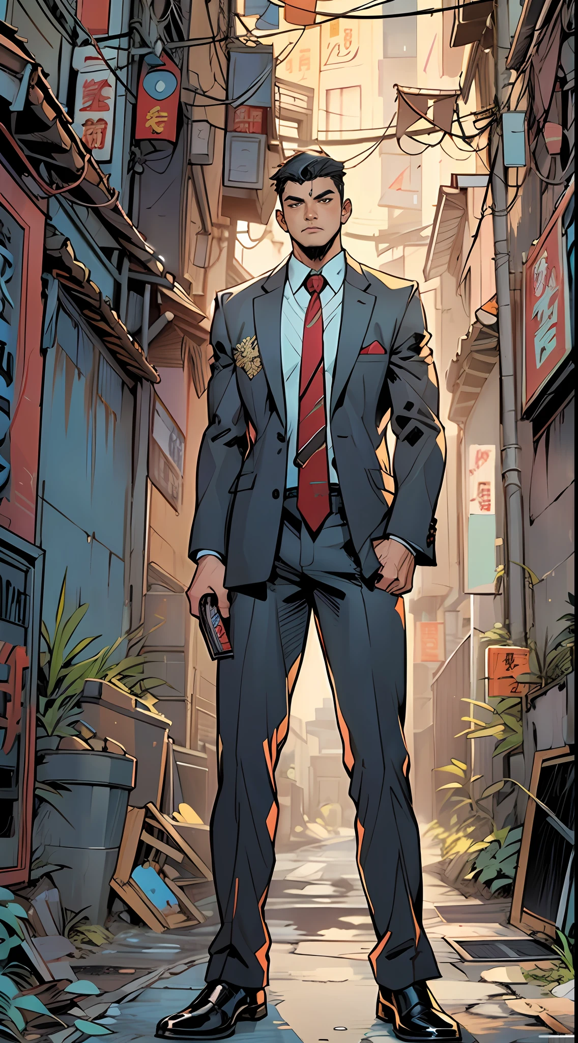 a young man in a suit, standing in an alley, in the style of bold, manga-inspired characters, traditional chinese, aestheticized violence, marvel comics, 2d game art, strong emotional impact, neo-academism , 32k, best quality, masterpiece, super detail, high details