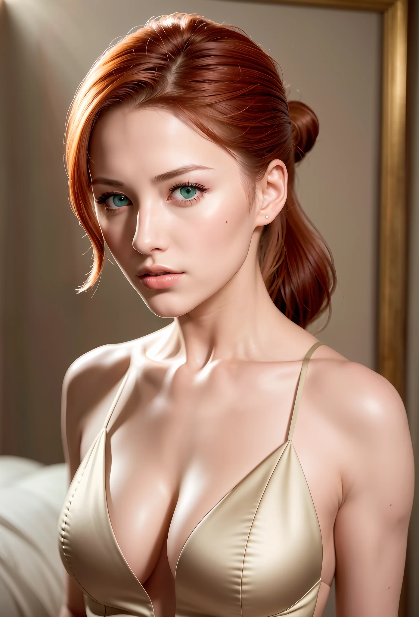 Russian, model, fit face, (best quality, ultra high res, raw photo, masterpiece, extremely detailed photograph), (photorealistic:1.4), 1girl  solo focus, looking at viewer, pov, closeup,  (sharp chin:1.5), (ponytail), auburn hair, green eyes, from above, young woman, bedroom background ((nakéd)) ((nudity))