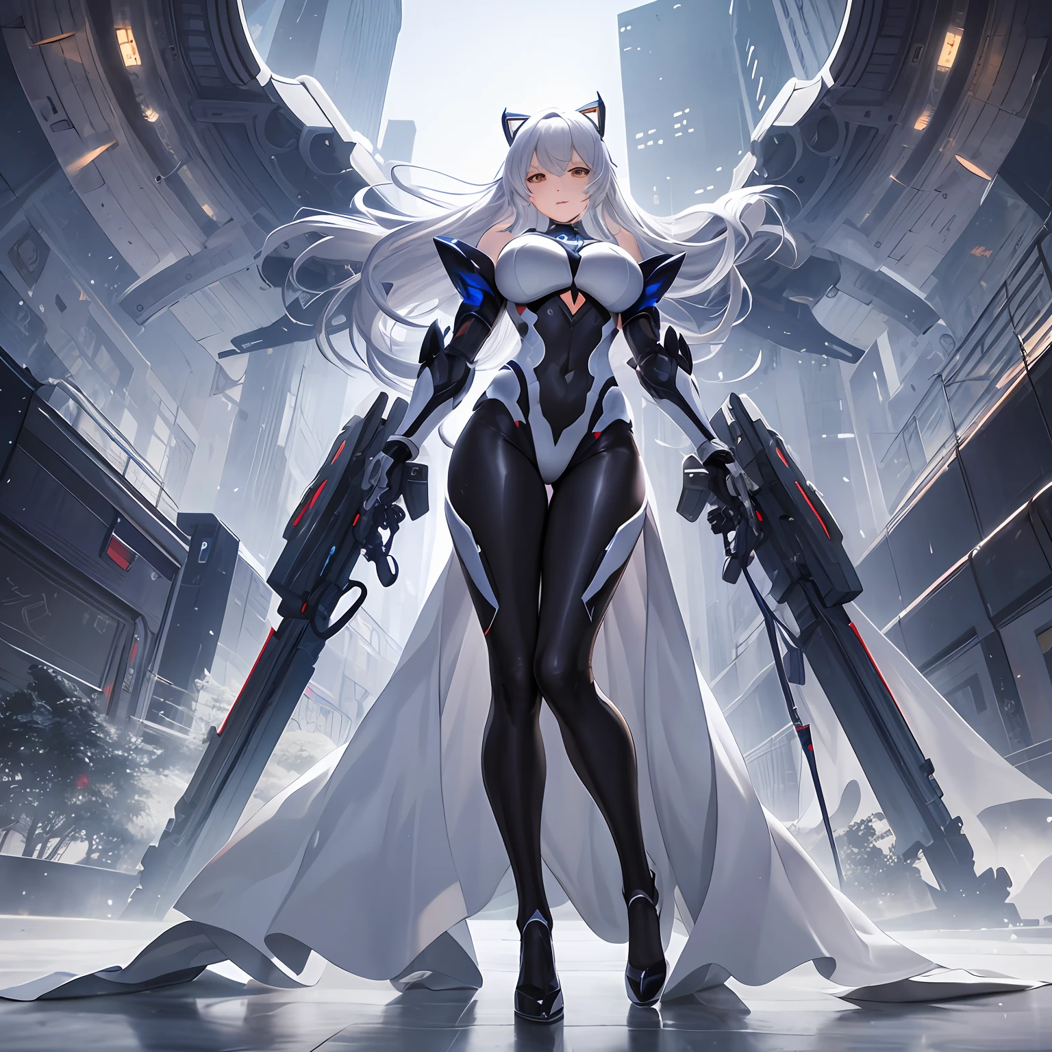 realistic illumination,best qualtiy、tmasterpiece、超高分辨率,verism style,cold light,Realistic lighting,RAW photogr,fully body photo,A world full of technology and magic,the night,1girll,Magic Tech Mech,facing at the camera,Long white hair smiling,delicated face,The body is curvy,Perfect anatomical physique,Clear focus:1.2,Bigchest,detail-rich,standing on your feet,Mecha tights,Magic mech,high high quality,Hands are naturally open,Beautiful posture,Big robot behind it,magia,Bottom-up perspective
