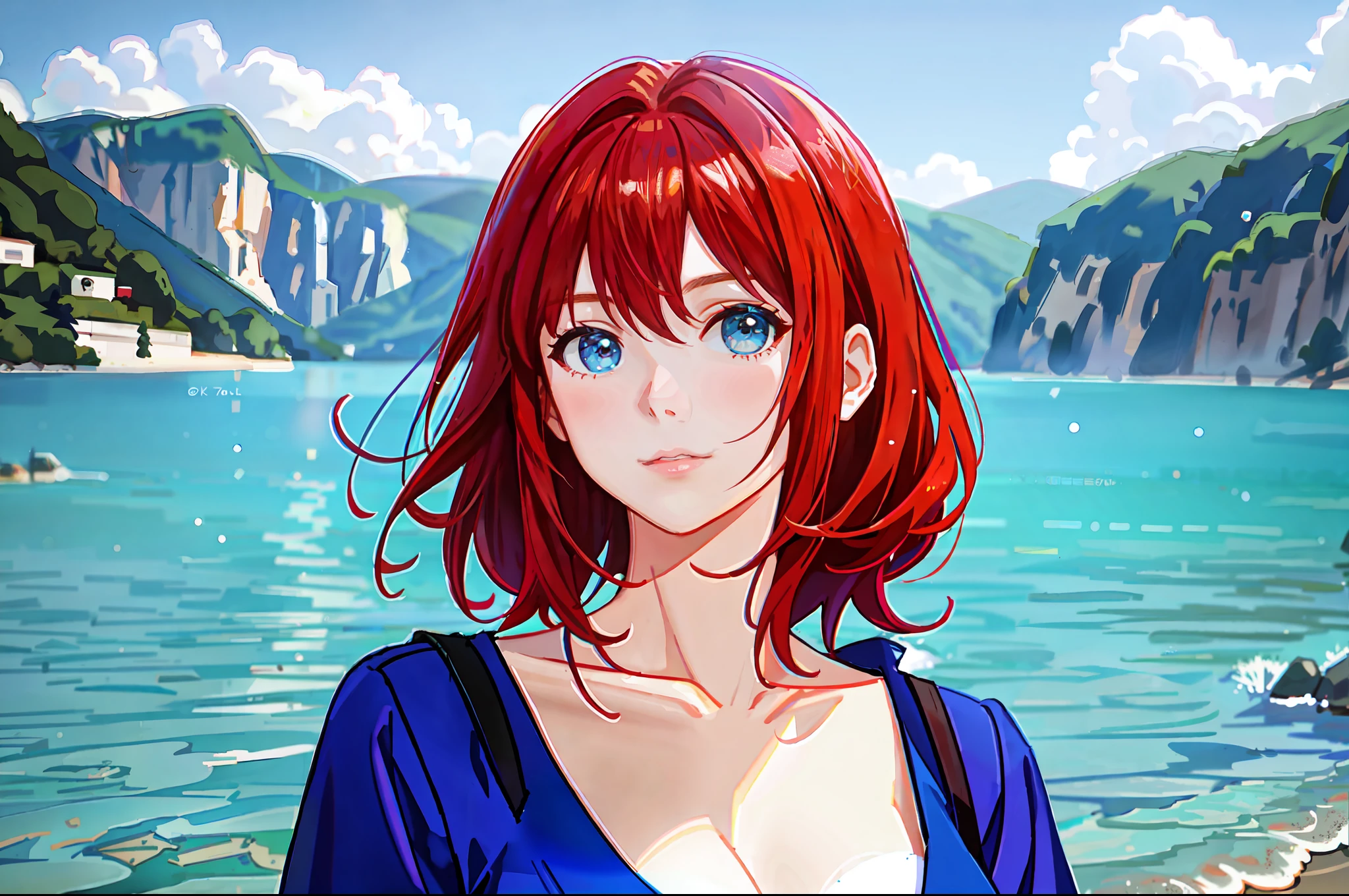 there is a young woman with a short hair and a blue shirt, a redheaded young woman, perfectly centered portrait, 7 0 mm portrait, red haired young woman, 4 k asymmetrical portrait, head centered portrait, landscape