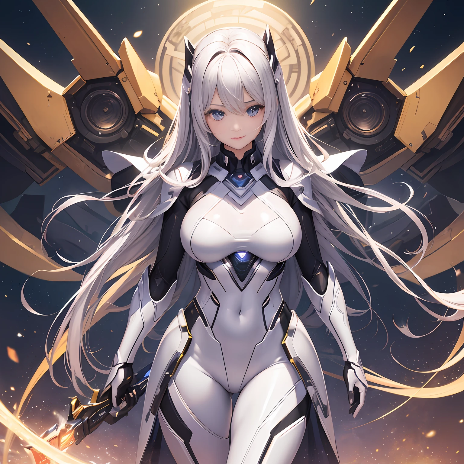 realistic illumination，best qualtiy、tmasterpiece、超高分辨率，verism style，cold light，Realistic lighting，RAW photogr，fully body photo，A world full of technology and magic，the night，1girll，Magic Tech Mech，facing at the camera，Long white hair smiling，delicated face，The body is curvy，Perfect anatomical physique，Clear focus：1.2，Bigchest，detail-rich，standing on your feet，Mecha tights，Magic mech，high high quality，Hands are naturally open，Beautiful posture，Big robot behind it，magia，Bottom-up perspective