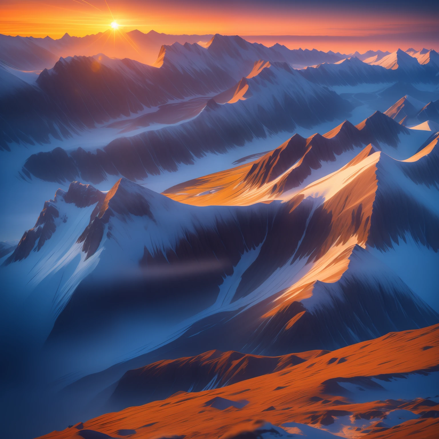 extreme light，tundra，Meadow，morning glow，sunraise，mountain peaks