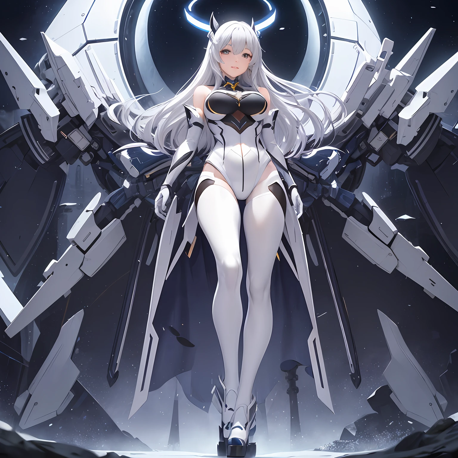 realistic illumination,best qualtiy、tmasterpiece、超高分辨率,verism style,cold light,Realistic lighting,RAW photogr,fully body photo,A world full of technology and magic,the night,1girll,Magic Tech Mech,facing at the camera,Long white hair smiling,delicated face,The body is curvy,Perfect anatomical physique,Clear focus:1.2,Bigchest,detail-rich,standing on your feet,Mecha tights,Magic mech,high high quality,Hands are naturally open,Beautiful posture,Big robot behind it,magia,Bottom-up perspective