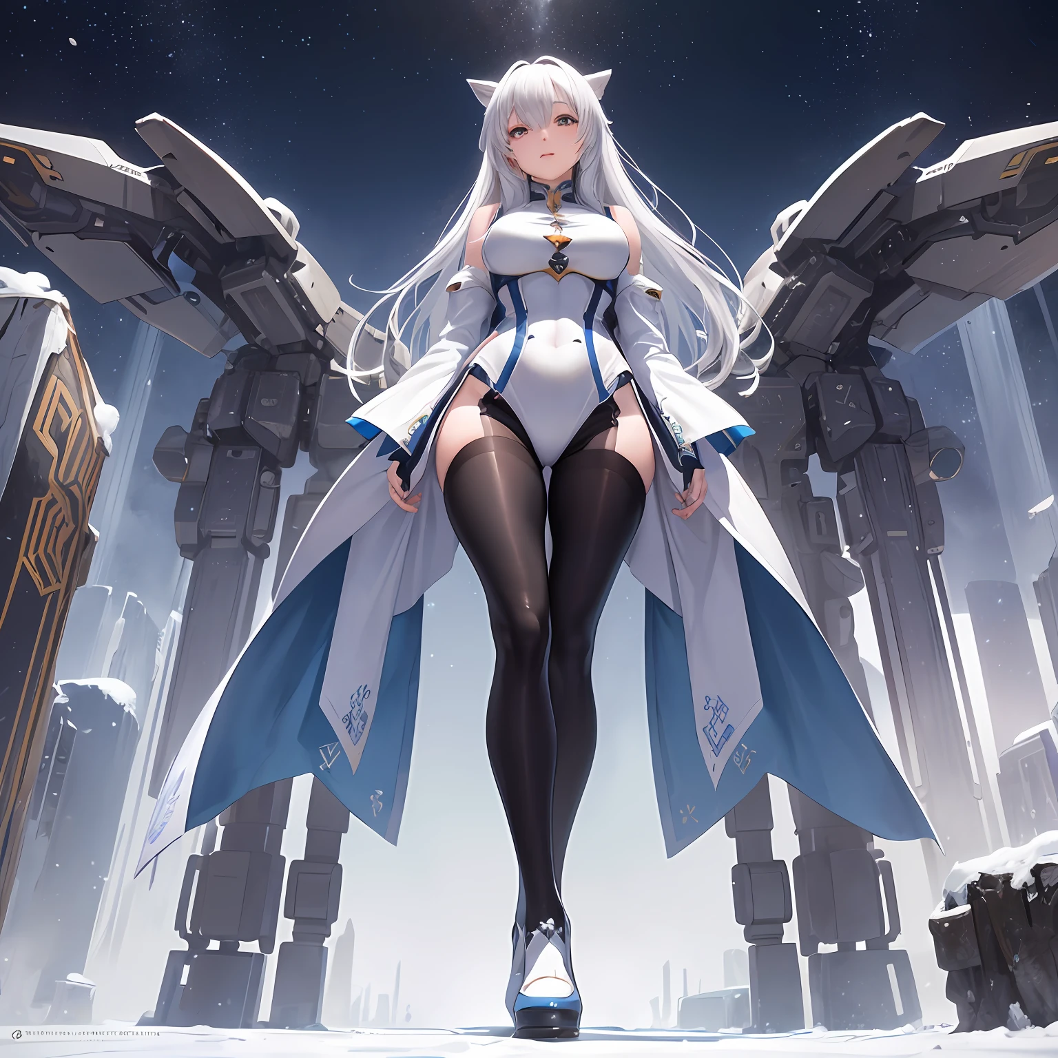 realistic illumination，best qualtiy、tmasterpiece、超高分辨率，verism style，cold light，Realistic lighting，RAW photogr，fully body photo，A world full of technology and magic，the night，1girll，Magic Tech Mech，facing at the camera，Long white hair smiling，delicated face，The body is curvy，Perfect anatomical physique，Clear focus：1.2，Bigchest，detail-rich，standing on your feet，Mecha tights，Magic mech，high high quality，Hands are naturally open，Beautiful posture，Big robot behind it，magia，Bottom-up perspective
