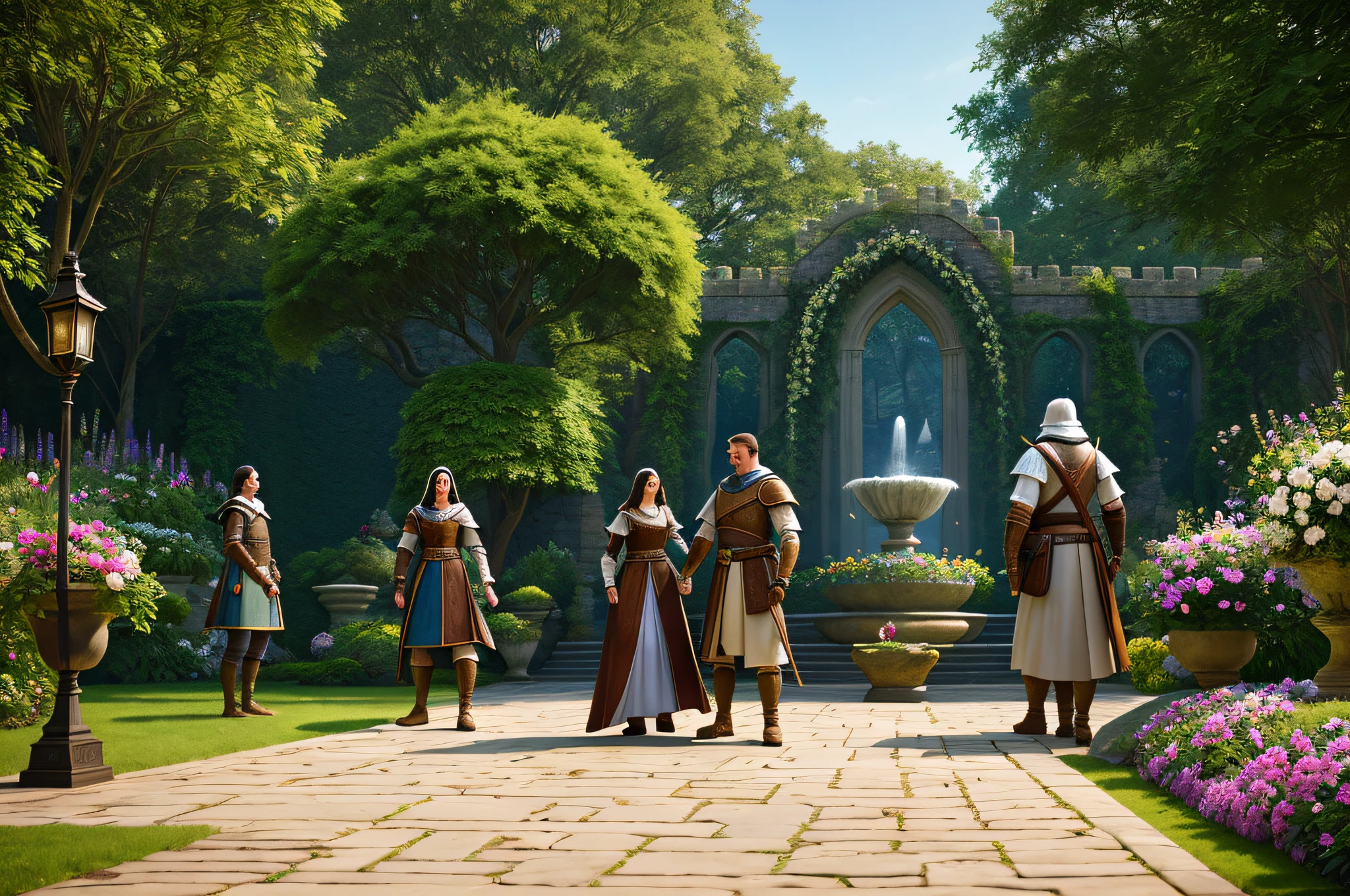 In the royal gardens of Lord Kilaf's castle, the photorealistic, 8k, HD cinematography in Unreal Engine showcases the touching bond between Lord Kilaf, Rog, and Princess Mila. The use of global illumination creates a soft, natural ambiance as sunlight filters through the lush foliage. The camera captures the trio strolling amidst blooming flowers, forging a strong family connection. The subtle screen space reflections add depth to the water fountains and stone pathways. This beautifully crafted scene conveys the genuine love and affection shared between Rog, Lord Kilaf, and Princess Mila in their medieval world.