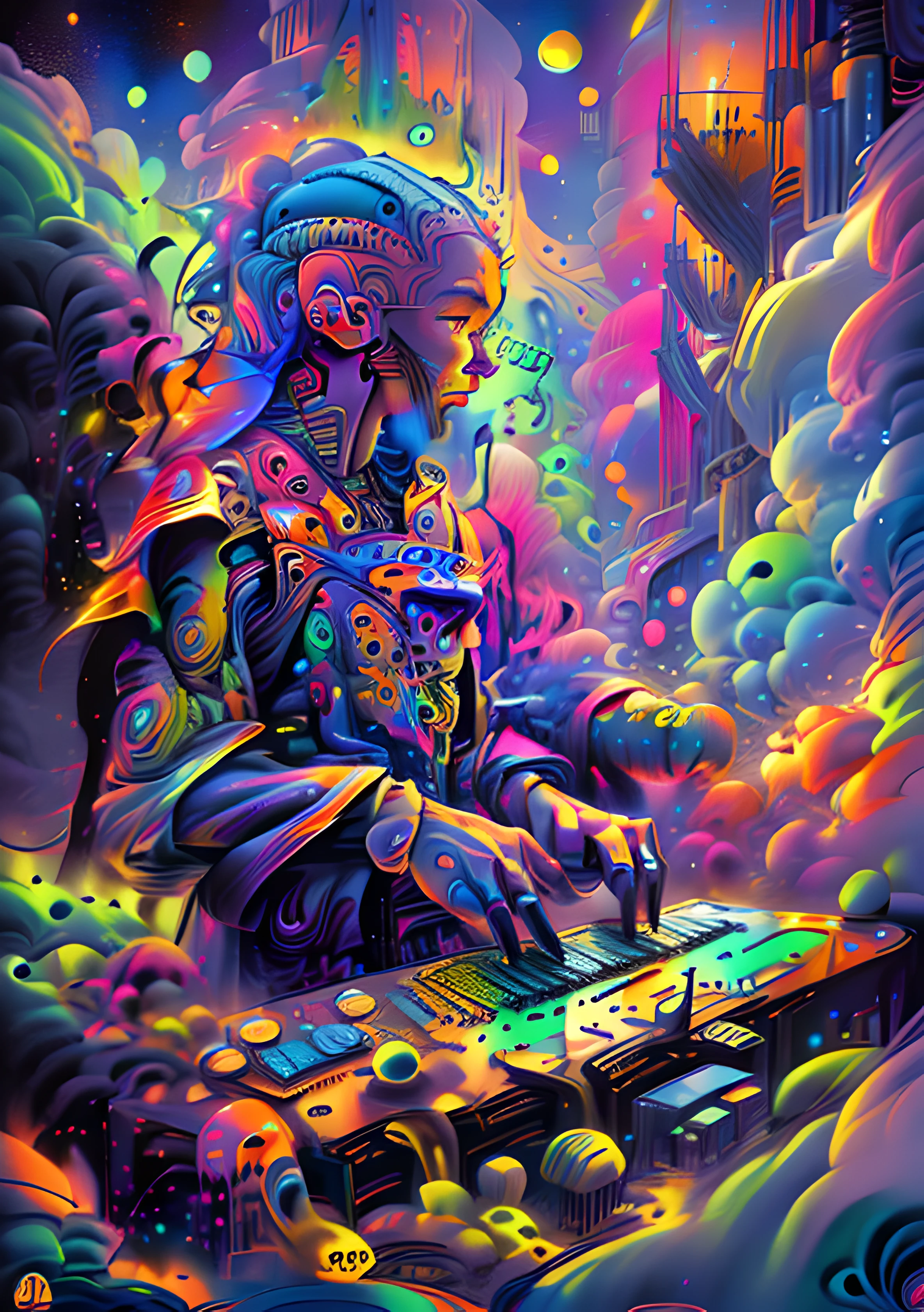 (High resolution, incredibly detailed, masterpiece), portrait of a mayan priest playing a huge synthesiser in the clouds, featuring fractal geometry in (vibrant colors:0.8), set against a (galactic background:1.2), bringing together complex, mesmerizing shapes and patterns,dmt ,fractal art,stars and galaxies