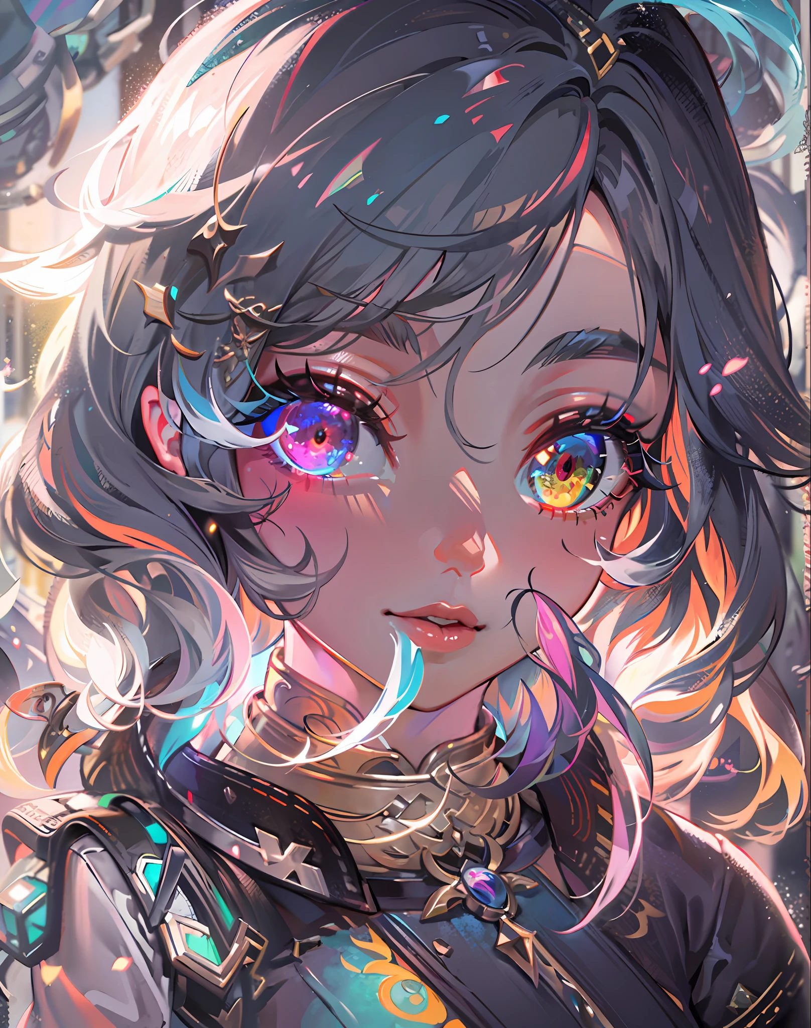 {{masterpiece}}, best quality, extremely detailed CG unity 8k wallpaper, cinematic lighting, lens flare, beautiful detail eyes, black, side glance, multicolor hair, colorful light, particles, heterochromia, (colorful:1.5), (colorful hair:1.5),