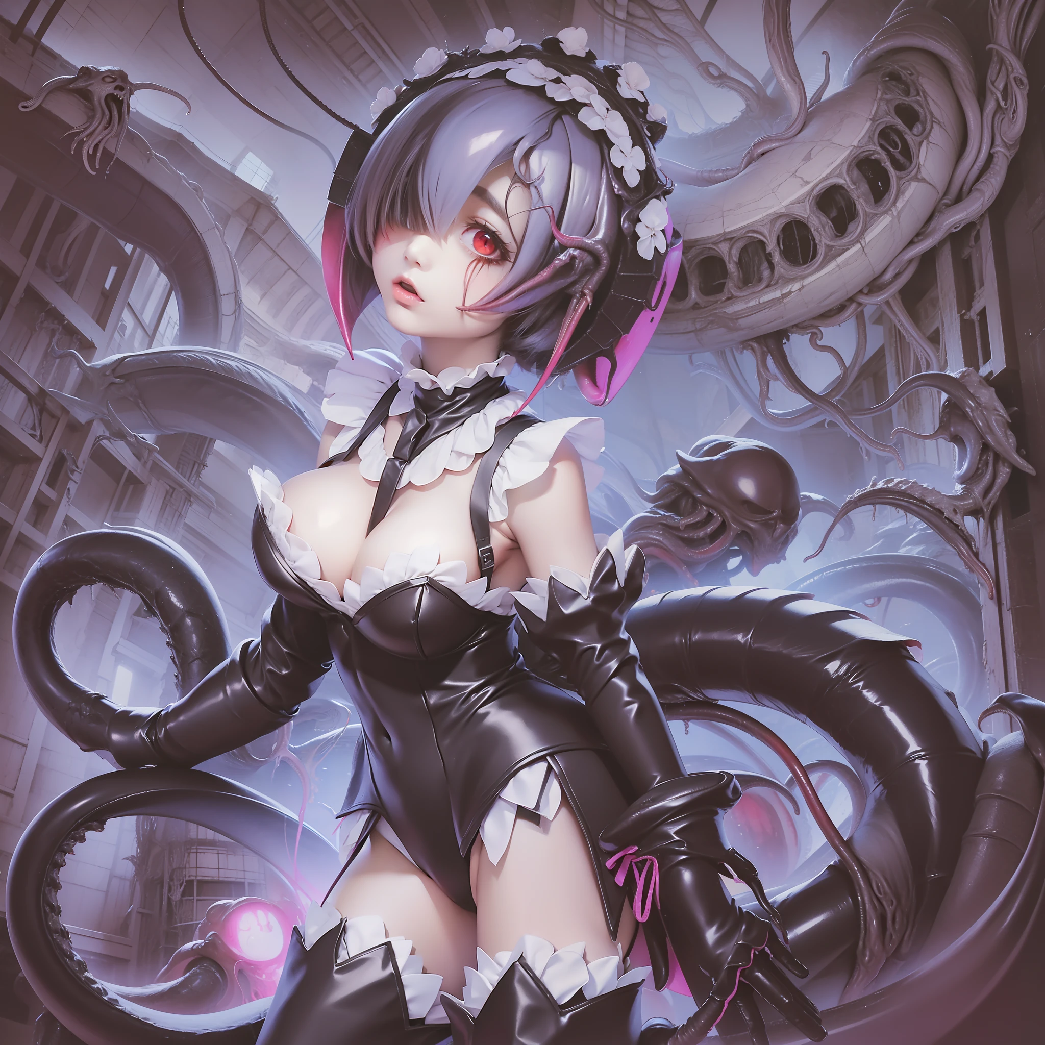 masterpiece, top-quality, Hi-Res, (((Ram(Re:Life in another world starting from scratch)))), (((((Evil Fall))))),(((((((Creatureization))))))), (((((Parasitized))))),(((((tentacle clothes))))), (((Leotard))), (Hollow eyes), (((Colossal tits))), (((neck tie))), (((1girl in))), ((独奏)), (((Standing picture))),A pink-haired, white thighhig, (((short-hair))), red eyes, Hair above one eye, ((frilld)), ((garter strap)),full-body view, Expressionless evil,Parasitic tentacles,Tentacle