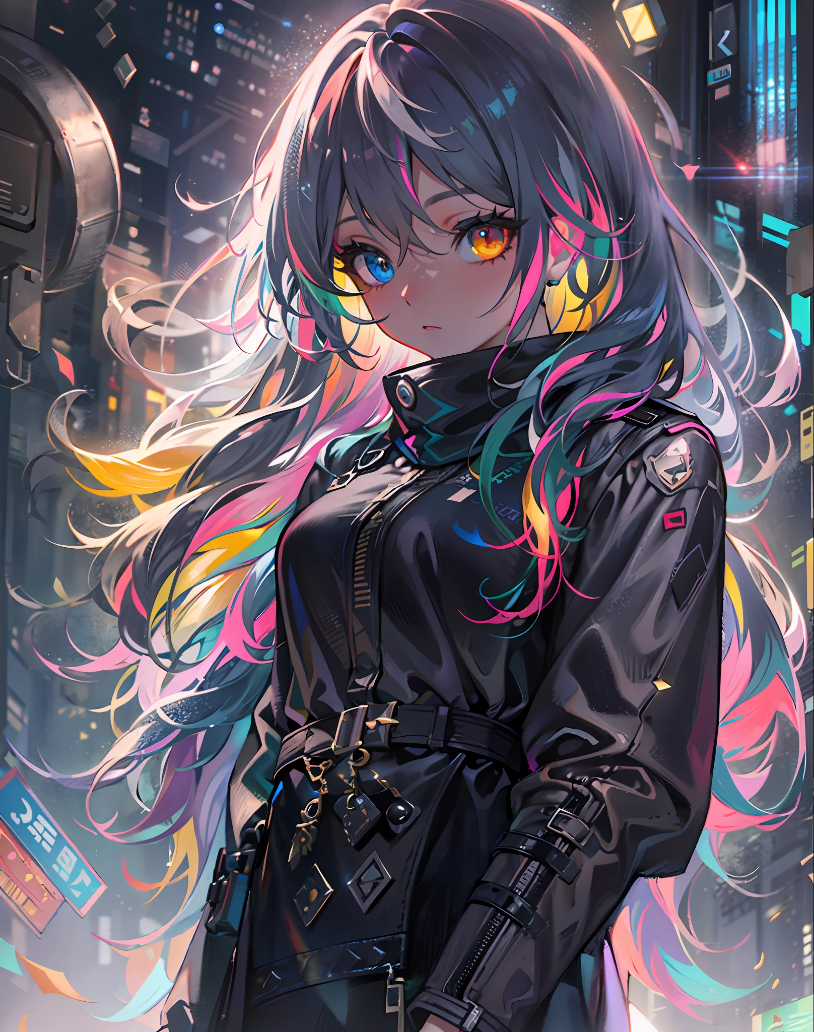 {{masterpiece}}, best quality, extremely detailed CG unity 8k wallpaper, cinematic lighting, lens flare, beautiful detail eyes, black, side glance, multicolor hair, colorful light, particles, heterochromia, (colorful:1.5), (colorful hair:1.5),