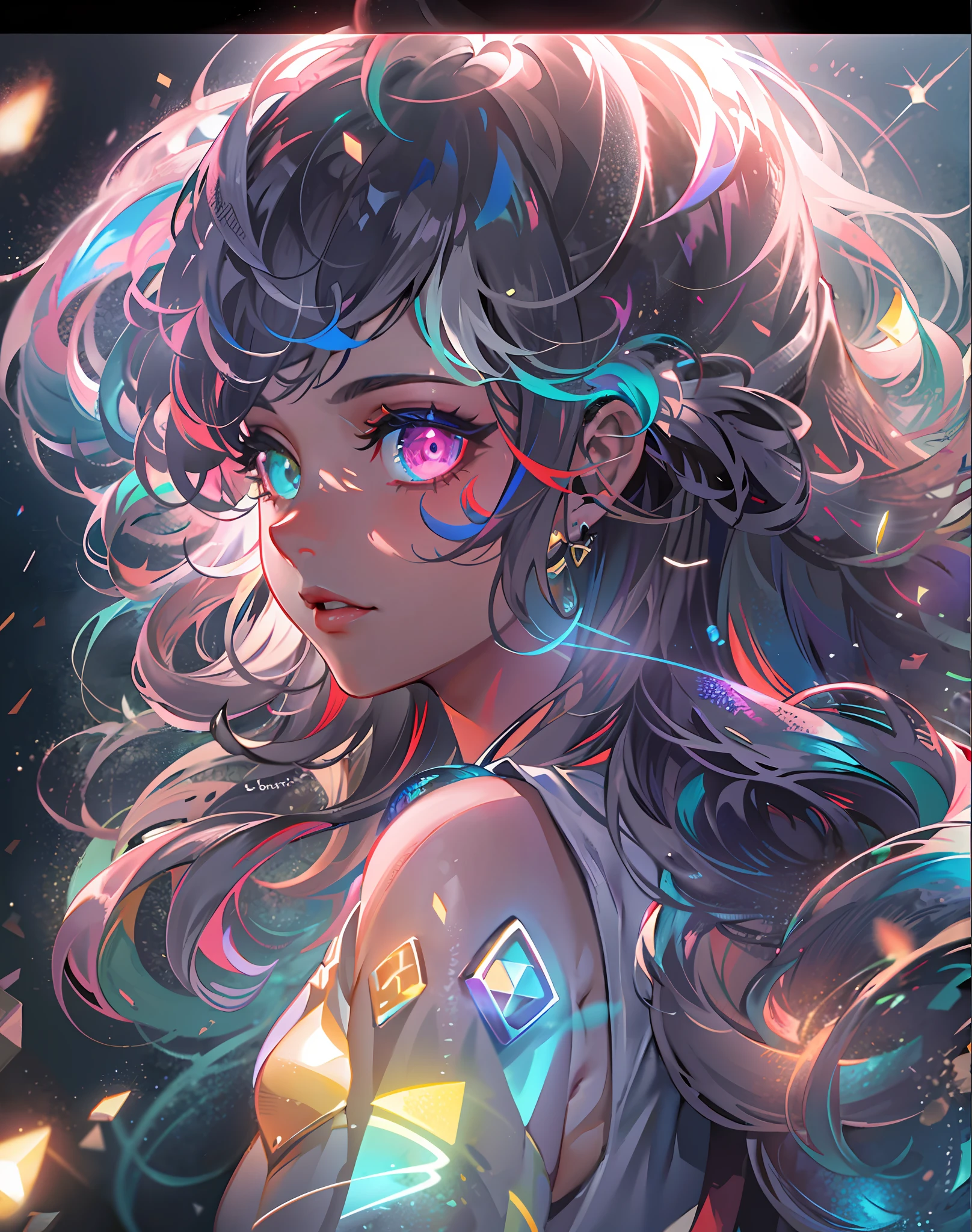 {{masterpiece}}, best quality, extremely detailed CG unity 8k wallpaper, cinematic lighting, lens flare, beautiful detail eyes, black, side glance, multicolor hair, colorful light, particles, heterochromia, (colorful:1.5), (colorful hair:1.5),