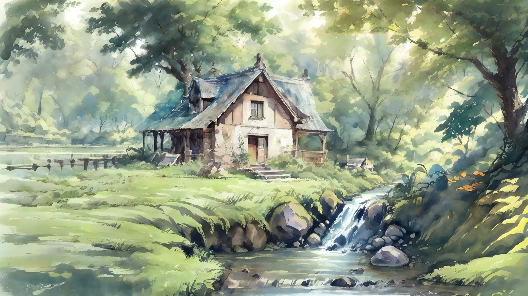 masterpiece, beautiful cottage beside the stream, butterfly, grass, waterfall, lotus, dawn, (highly detailed), (realistic), vivid color, bright, deep shadows, dynamic light, colorwater