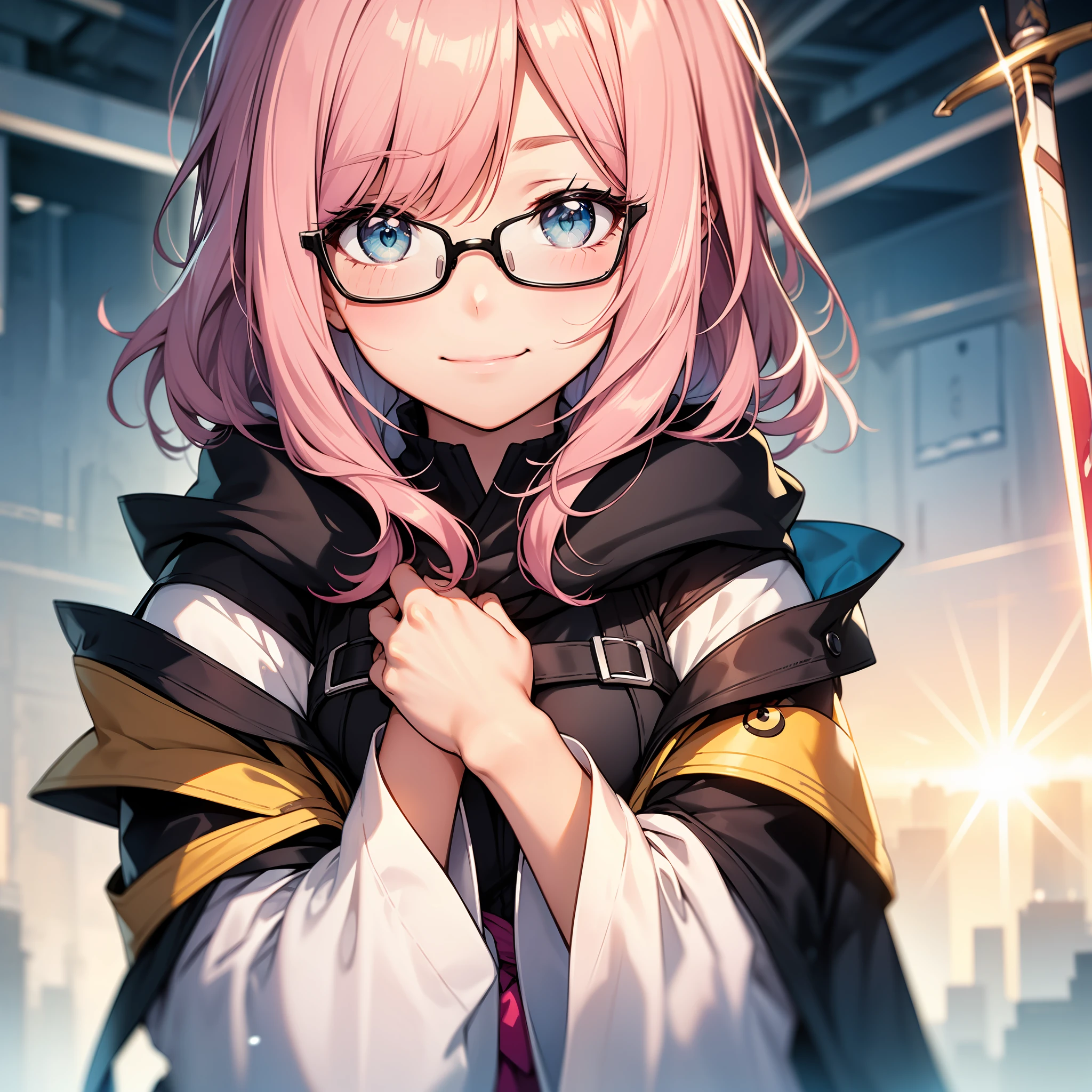 Wide Angle、1girl in、line-drawing,Pastel tones,watercolor paiting、Highest Quality,masterpiece(high)、Gentle eyes、thick outline、Rimless glasses,、Petite girl、Punipuni、Pink hair color、 Shiny hair、Smile、Immaculate light armor、Fluttering cloak、Holding a thin and beautiful sword、Bright background、夏天、 Dazzling morning sun、blue-sky、Medium-distance composition、