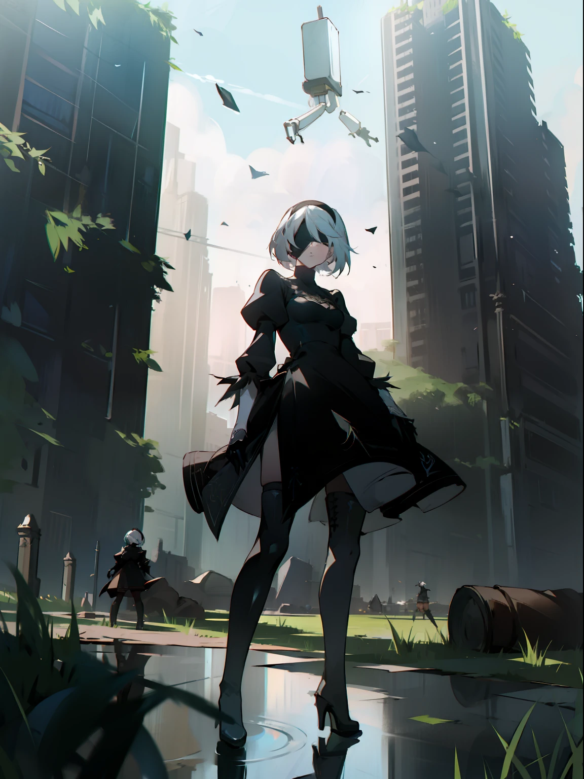 masterpiece, best quality, detailed face, extremely detailed, yorha no. 2 type b, 1girl, solo, absurdres, 8k, black blindfold, black dress, black hairband, blindfold, eye highlights blue sky, boots, building, city, cloud, covered eyes, debris, dress, feather-trimmed sleeves, feather trim, from below, gloves, grass, hairband, high heel boots, high heels, highres, juliet sleeves, katana, leather, leather boots, long sleeves, nier \(series\), nier automata, outdoors, overgrown, pod \(nier automata\), post-apocalypse, puddle, puffy sleeves, rubble, ruins, scenery, sky, thigh boots, thighhighs, thighhighs under boots, water