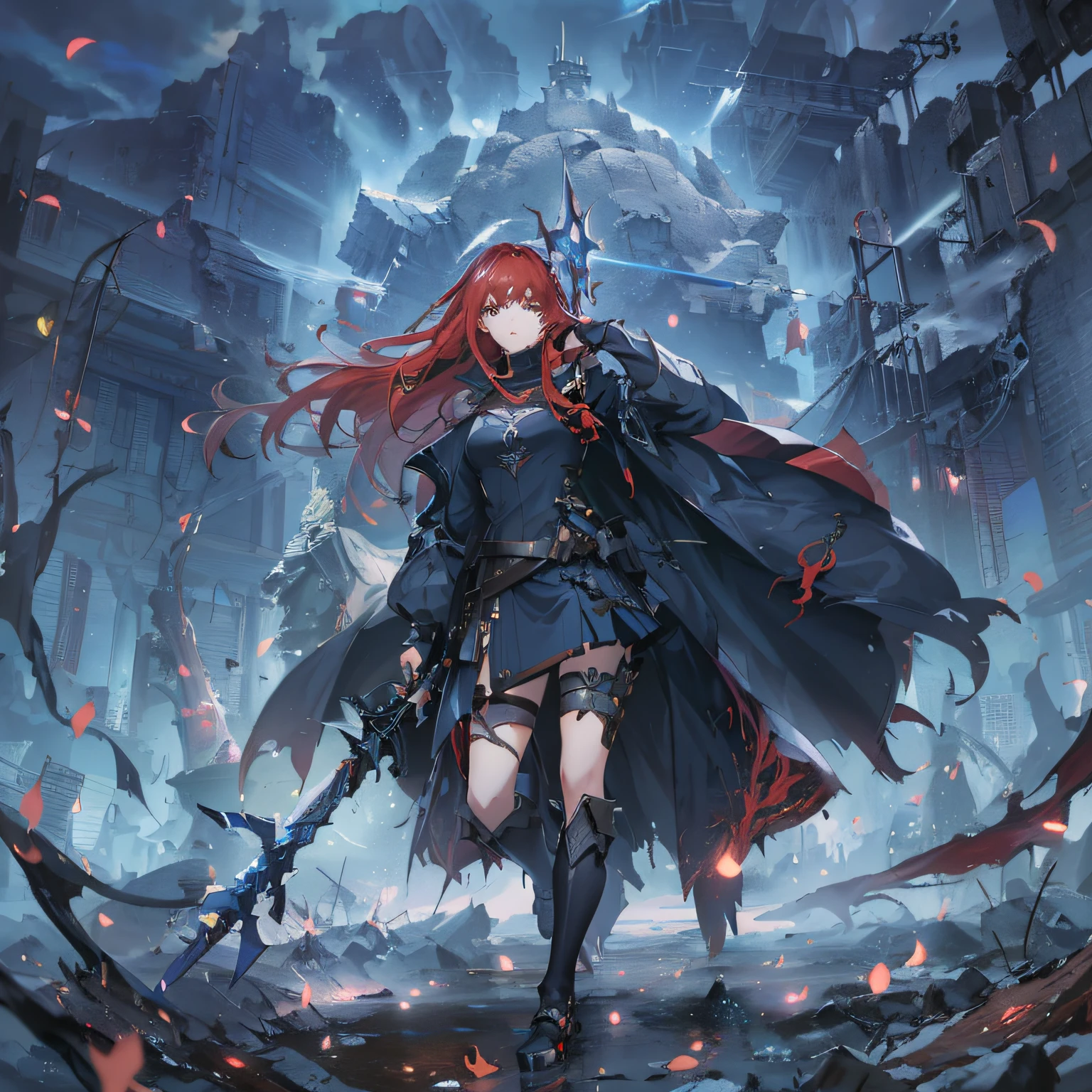 anime girl with red hair and a sword in a dark city, from arknights, shadowverse style, cushart krenz key art feminine, alice x. zhang, trending on artstation pixiv, anime fantasy artwork, shalltear bloodfallen, anime epic artwork, anime fantasy illustration, epic light novel art cover, high detailed official artwork --auto