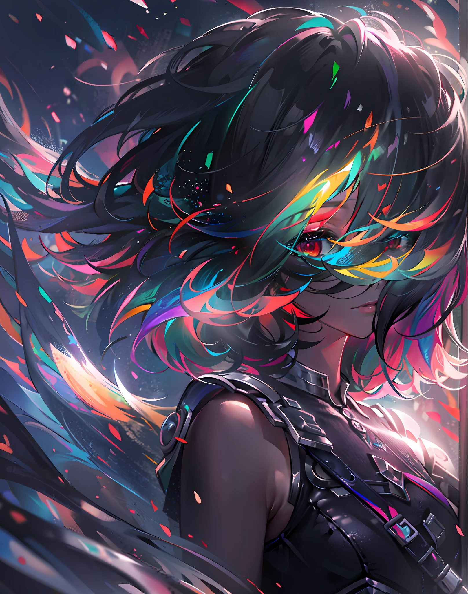 {{masterpiece}}, best quality, extremely detailed CG unity 8k wallpaper, cinematic lighting, lens flare, beautiful detail eyes, black,  side glance,  multicolor hair, colorful light, particles, heterochromia, (colorful:1.5), (colorful hair:1.5),