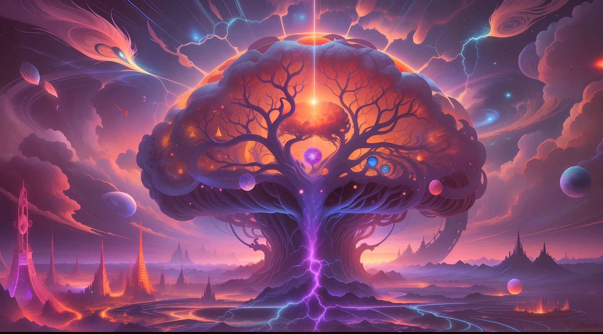 envision a surreal landscape where the human brain takes center stage as a majestic, floating island in a vast, ethereal cosmos. The brain, resembling a magnificent fusion of natural elements and intricate machinery, portrays the complexity and mystery of human cognition. Radiating a mesmerizing array of neon hues, synapses and neural pathways intertwine like luminous bridges connecting different regions of the brain-island. Within this surreal setting, symbols of emotions, memories, and thoughts manifest as vivid, otherworldly creatures inhabiting the brain's terrain, personifying the depths of the human psyche. The surrealistic skies above the brain are adorned with constellations, each representing a different facet of human psychology, forming a cosmic narrative that invites viewers to explore the enigmatic depths of their own minds.
