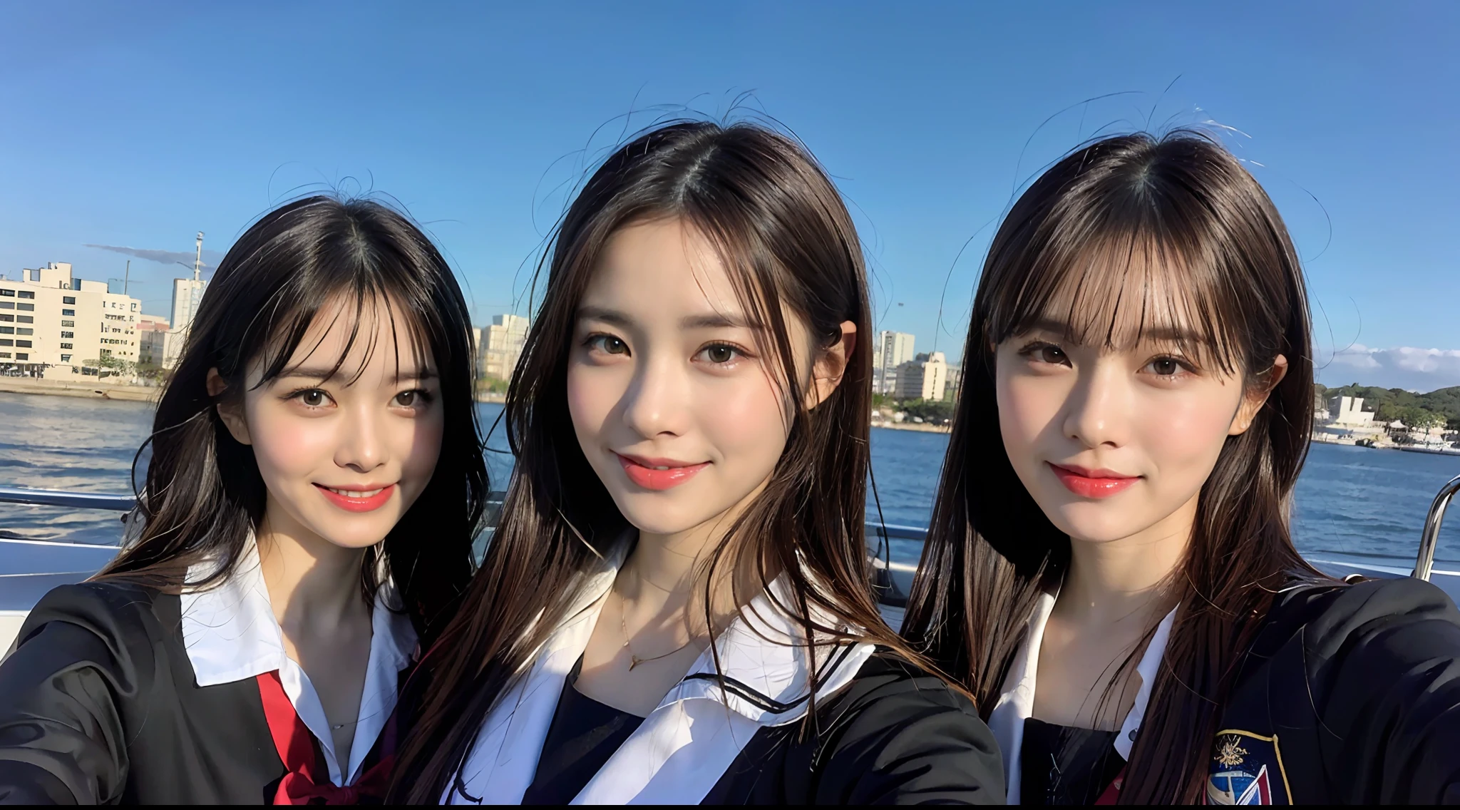 (8K、Raw photography、top-quality、​masterpiece:1.2)、ultra-detailliert、ultra res、(hyper realisitic:1.4)（Photograph Taken on Nikon D750）Above the sea、night sky full of stars、Shooting stars in the night sky、High school girl standing in the dark、Full of heart、Heart pattern（Fantastic lighting）head to waist、、de pele branca、Fair-skinned female proofreading、An ultra-high picture quality、、Beautiful female proofreading reflecting in light、amazing detailed、Beautiful girls in very detailed、Faces with different patterns、Different face patterns、Each hairstyle has its own characteristics、Farbe々Hairstyle、Farbe々Hair color shining with clean light、I enjoy fishing on a boat、Brown hair shining in the light、One has a ponytail、、Modern cute high school girl、very detailed faces very detailed eyes、Very realistic skin、 extremely detailed fingers, highly detailed nose, highly detail mouth, perfect anatomia, Highly detailed sailor suit、、The details of their hair and uniforms shine through、Burning teeth and smiling、Realistic body, de pele branca, glistning skin, Slim body,  Long straight hair, (Blunt bangs:1.2), , nixeu and sakimichan, TWICE, Seifuku, sakimichan, JK Uniform, wearing japanese school uniform, promo still, Larisa Manobal, Japan school uniform, japanese girl school uniform, alena aenami and lilia alvarado