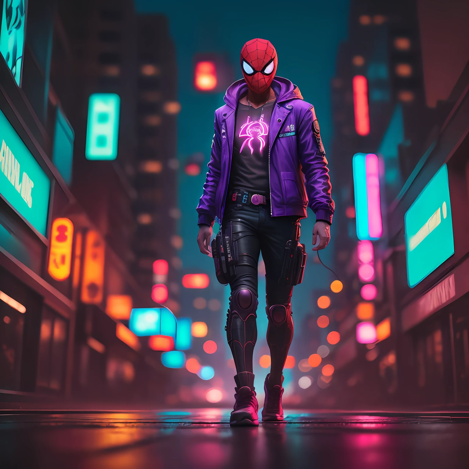 (8k, 8f, Foto RAW, melhor qualidade, obra-prima: 1.2),(fotorrealista: 2.0), Full body angle shot a beautiful purple cyberpunk city, a cyberpunk spiderman in a neon light cyberpunk coat, walking around the city --auto --s2